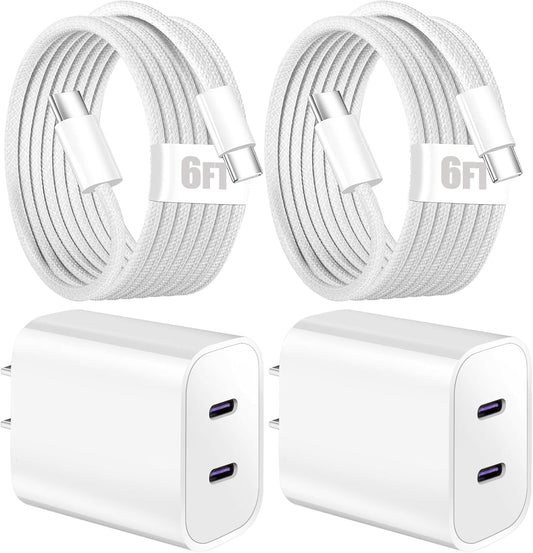 iPhone 16 15 Charger Fast Charging,6FT Woven USB C Charger Fast Charging Cord,2Pack Dual Port USB C Chargers Block,Double Type C Chargers for iPhone 16 Pro Max/16 Pro/16/16e,15 ProMax/15 Plus,iPad Pro