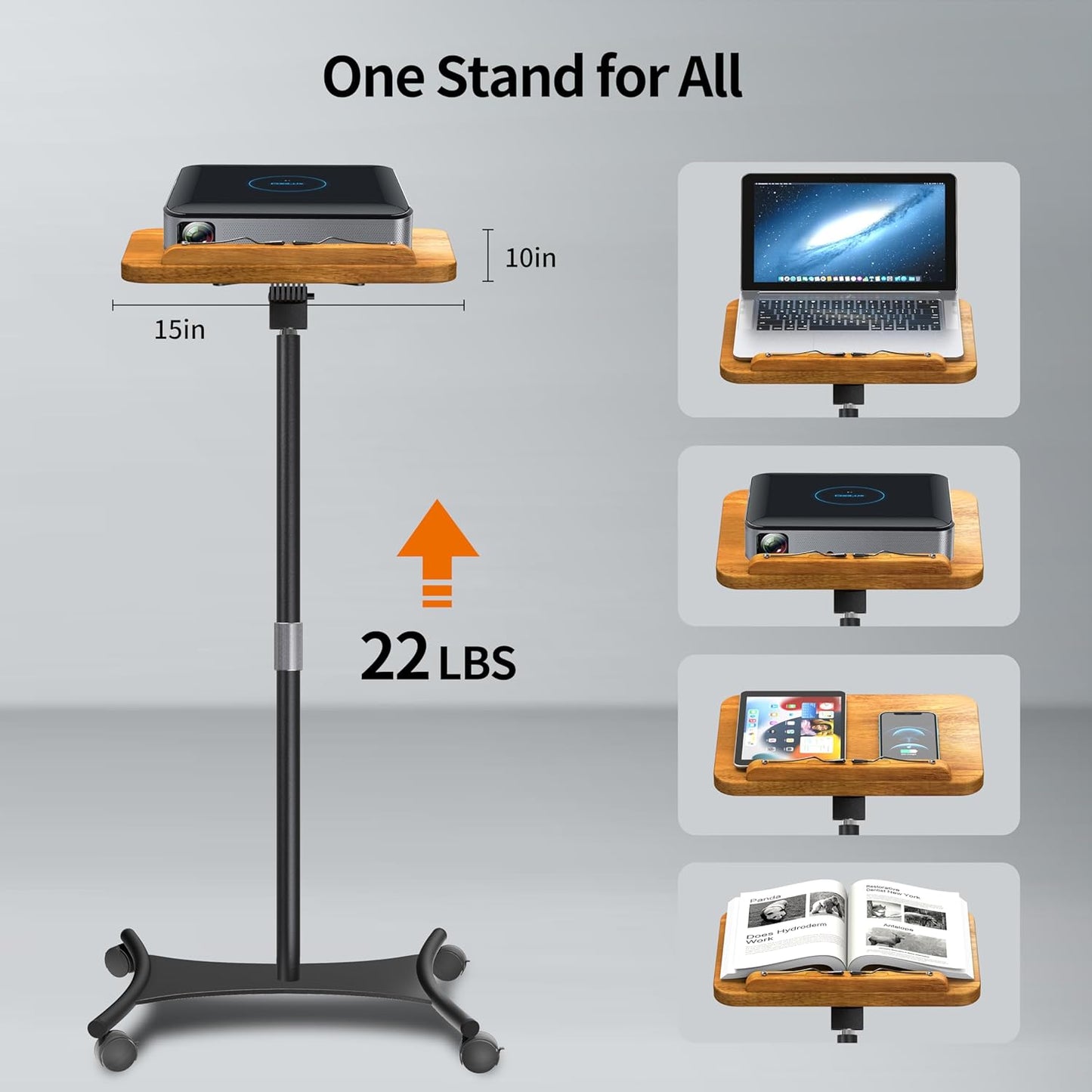 NAMON Rolling 2-in-1 Dual-use Floor & Desktop Book Stand, 100% Solid Wood, Height Adjustable from 16.5" to 51", with 4 Lockable Casters & Page Clip for Cookbooks, Sheet Music (with a T-Shaped)