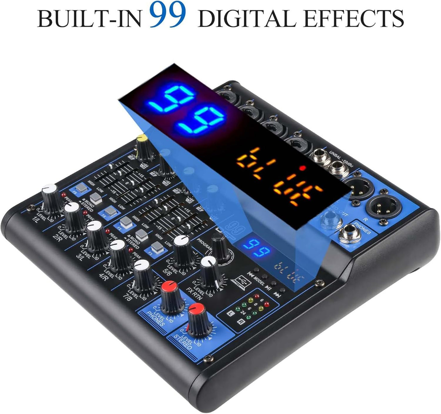 Dj Mixers 8 Channel Audio Mixer Sound Board with Bluetooth, Usb Audio Interface with Sound Card Recording and 48V Phantom Power Sounds Mixer Board with 99 DSP FX Reverb Delay Effect for Streaming
