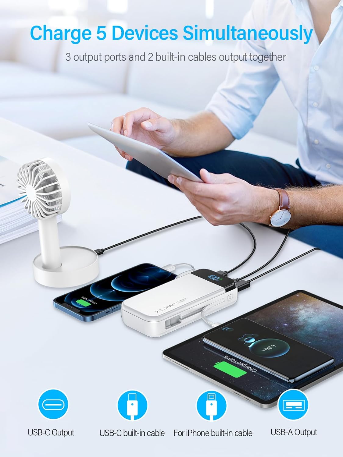 Portable Charger 32000mAh, 22.5W QC 3.0 PD 20W Smart LED Display Fast Charging Built in Cables Power Bank, External Battery Pack Charge 5 Devices Compatible with Cellphones (White)