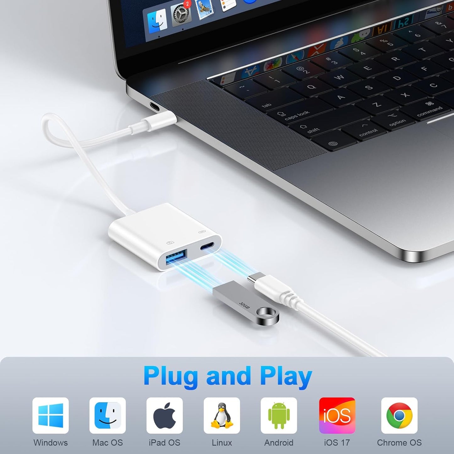 USB C to OTG Cable Charger Adapter for iPhone 16 Pro Max/16e/15/15 Pro Max 2-in-1 Type C to USB Camera Adapter with PD 60W Fast Charging for Samsung Galaxy S25 Edge/S24/S23/S22/S21/A16 5G/A26/A36/A56