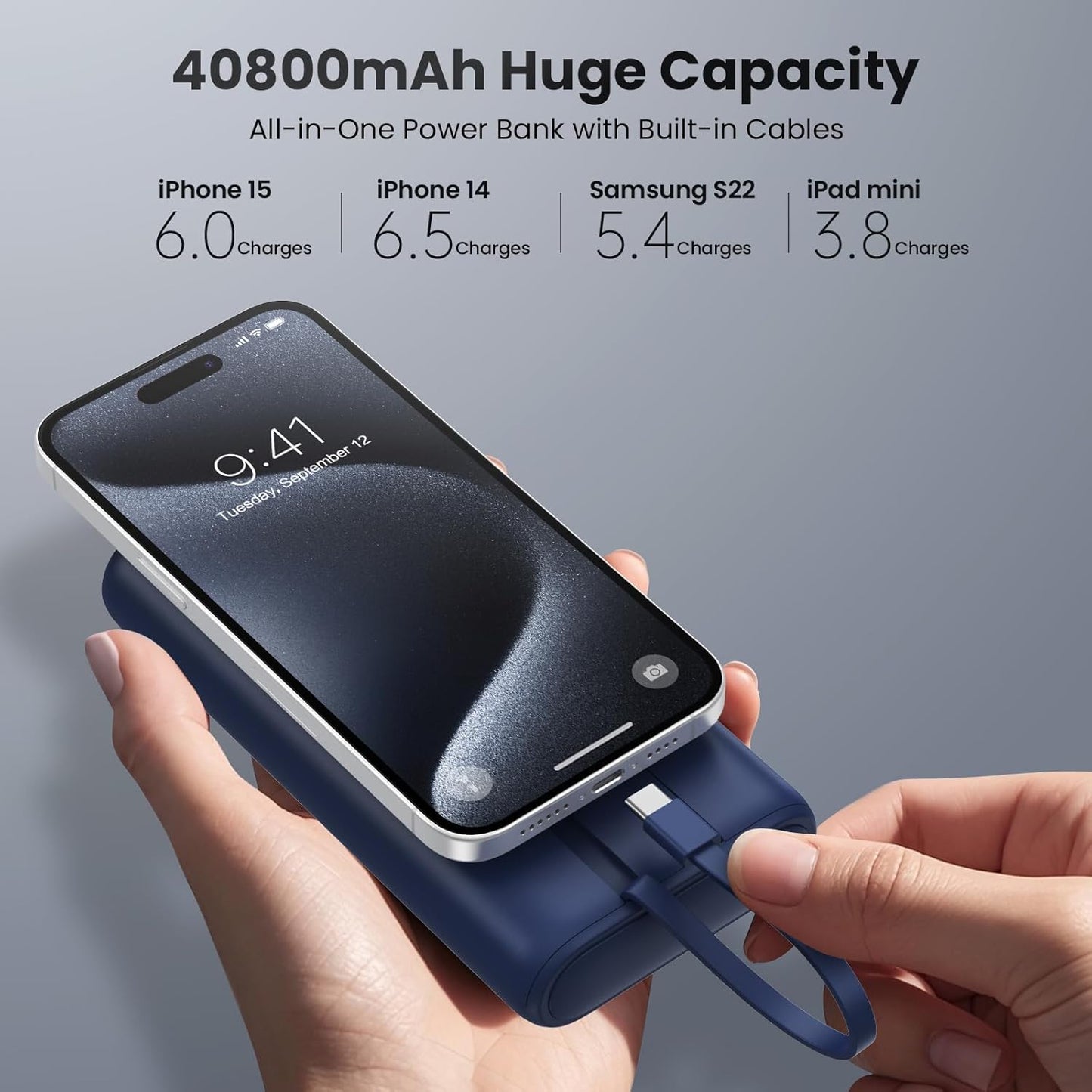 Upgraded Portable Charger 40800mAh Power Bank - Portable Battery with 2 Built in Cables,PD 25W USB C Fast Charging, 5 Outputs Battery Pack Compatible with iPhone 16 15 14 Android Phone etc-Navy
