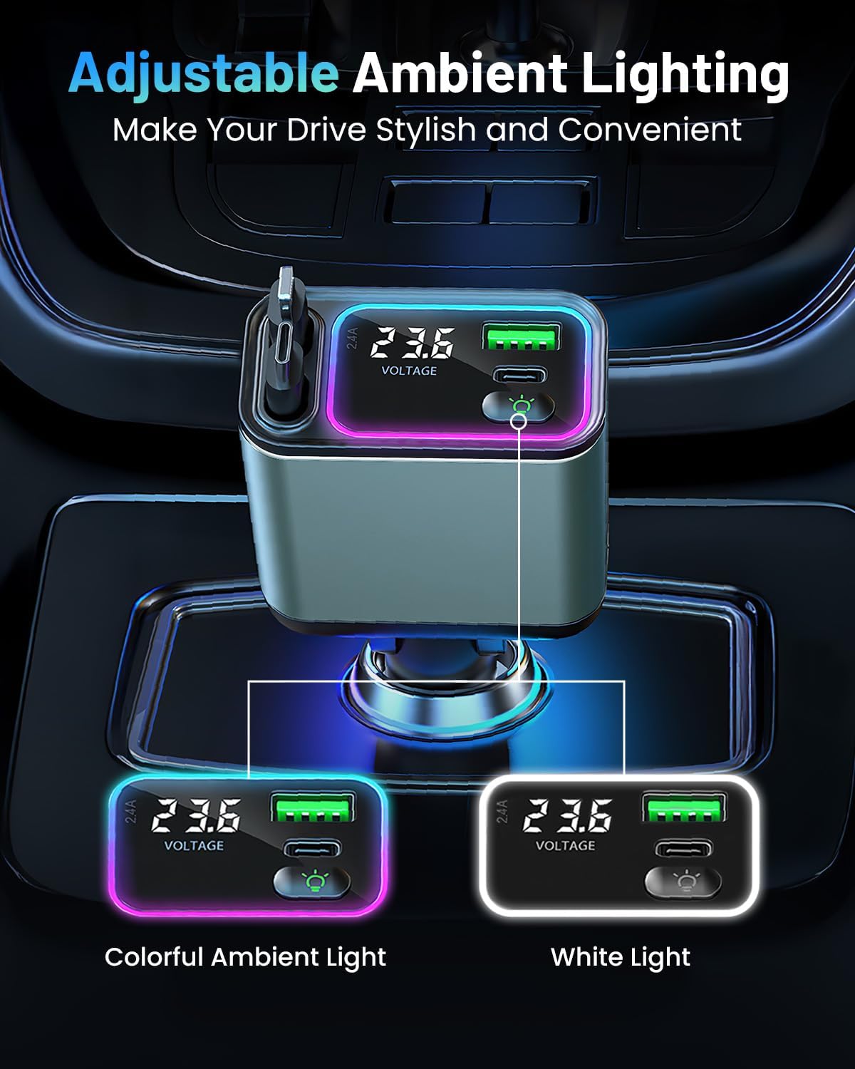 4 in 1 Retractable Car Charger with RGB Light, 92W Fast Charging USB C Car Adapter, Compact Car Phone Charger for iPhone/Galaxy/Pixel, Car Accessories for Women Men (Lightning + Type C Cable)