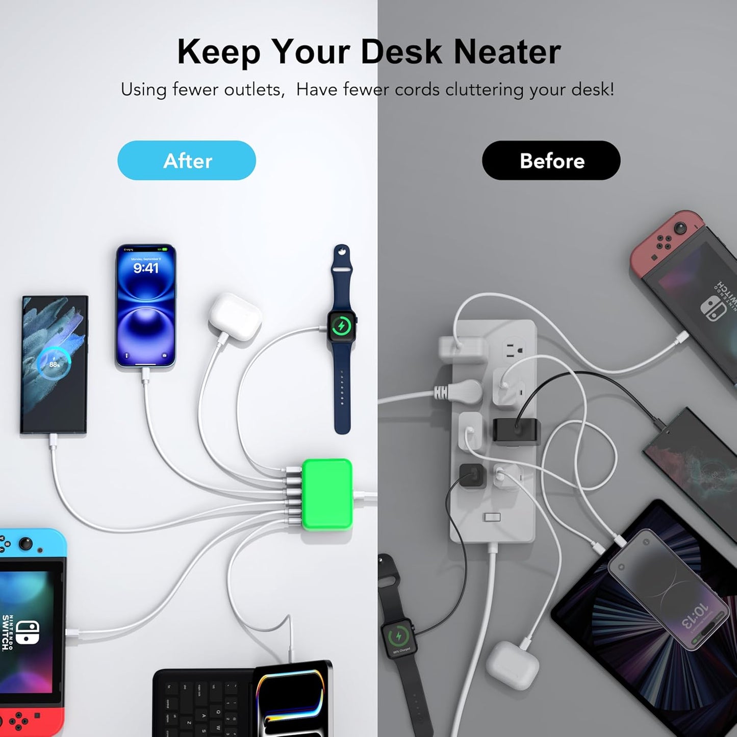 USB C Fast Charger 100W GaN 6 Port Type USB C Charging Station Hub Block Wall Charger Power Strip Adapter Plug Cube Brick 3 USB A for iPad iPhone 15 14 13 12 11 Pro Max Pixel Note Galaxy