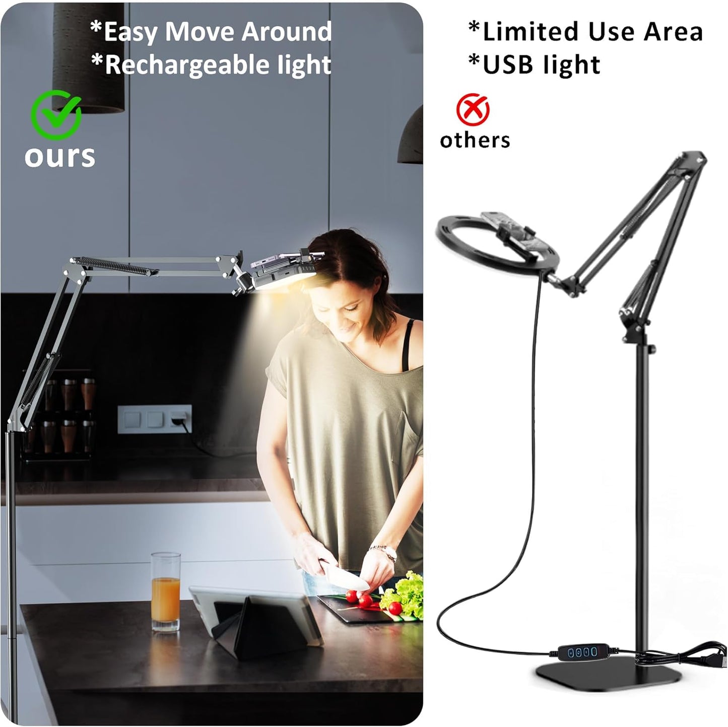 Overhead Phone Tripod for Cooking Videos with Rechargeable Light, Move Around Floor Phone Stand with Ring Light Content Creator Video Recording Selfie Photography TikTok Youtube Compatible with iPhone