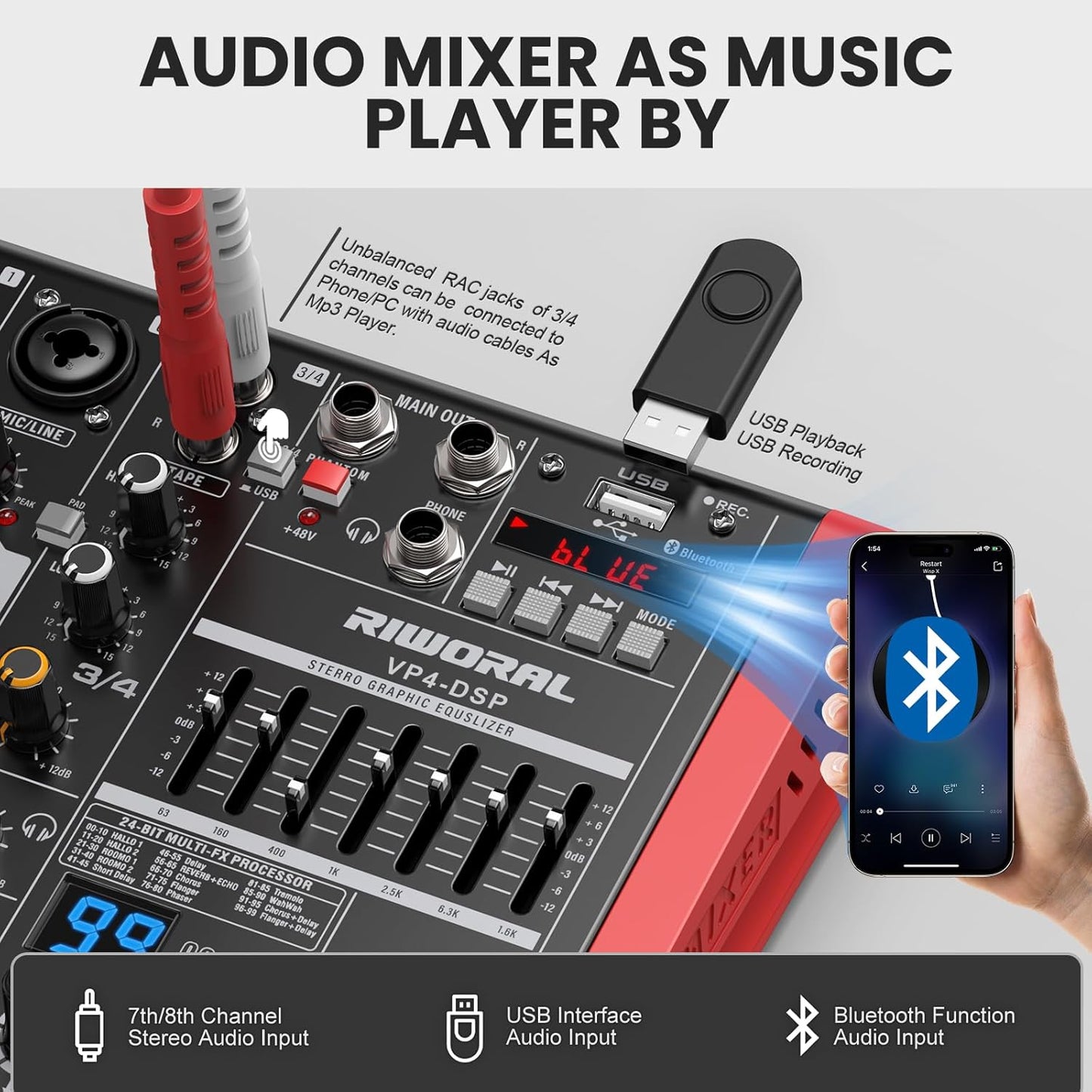 4 Channel Audio Interface DJ Mixer With 99 DSP Effects XLR 1/4 inch Jack For MIC/Musical Instrument USB PC Phone Bluetooth Music Audio Mixer for karaoke Stage Streaming Studio
