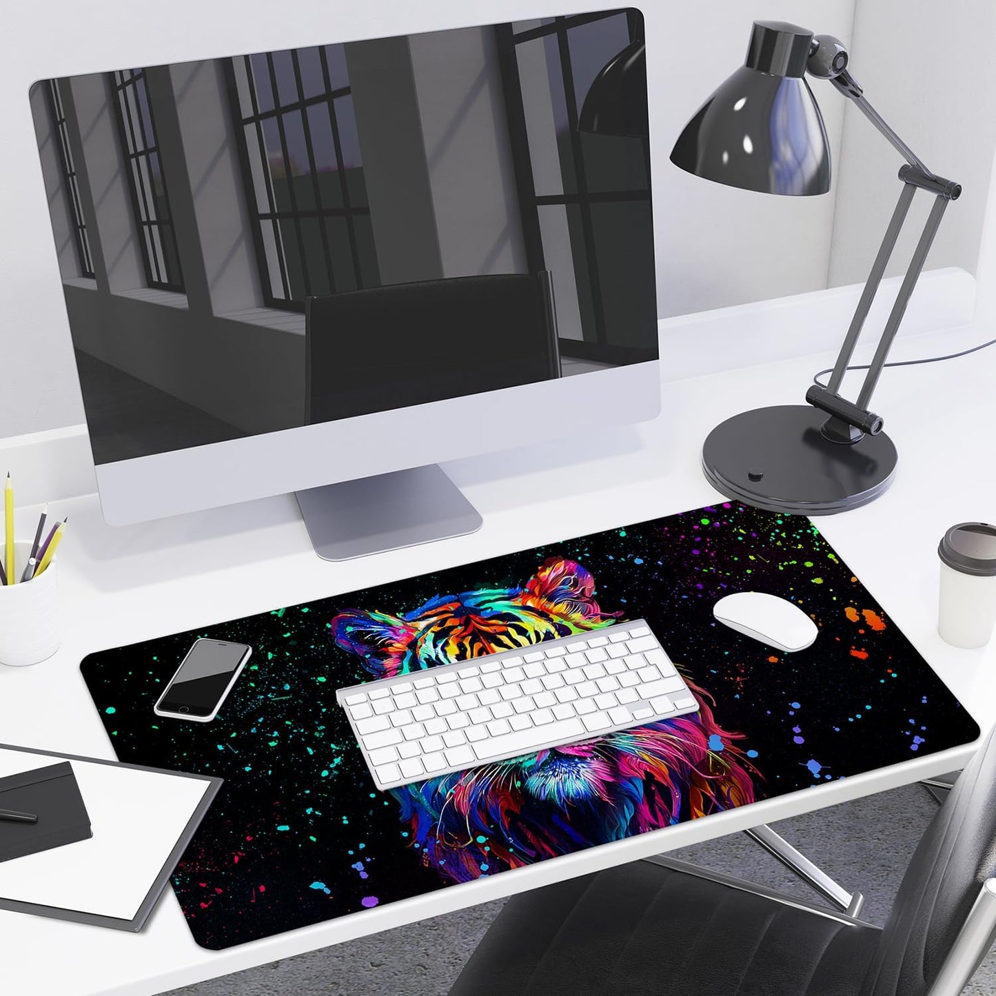 Lokigo Cool Tiger Desk Pad, Large Gaming Mouse Pad 31.5"x15.7", Waterproof Big Mouse Pad for Desk Rubber Base Desk Matt with Stitched Edges Keyboard Mousepad for Laptop, Game, Work, Study