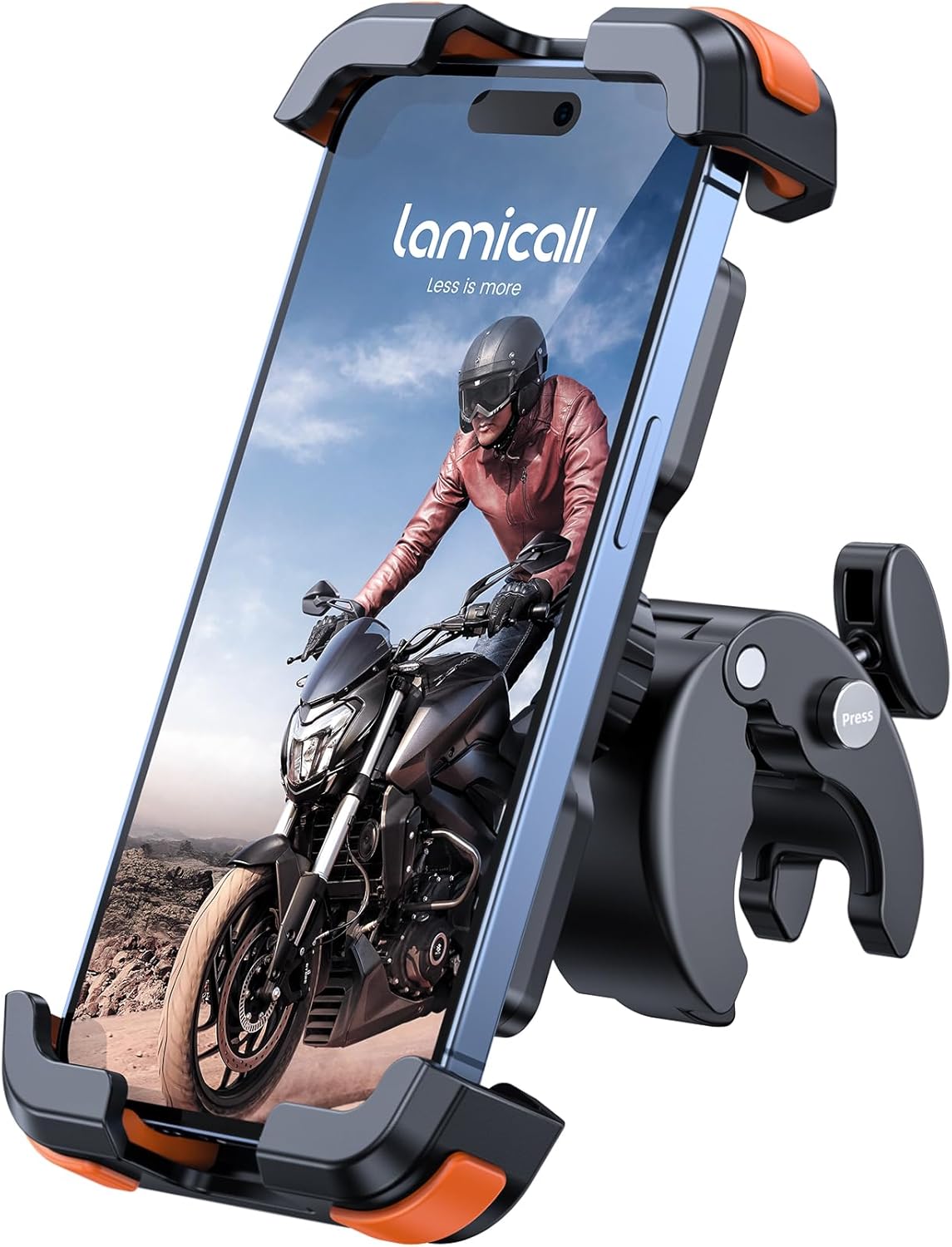 Lamicall Motorcycle Phone Mount, Bike Phone Holder - Upgrade Quick Install Handlebar Clip for Bicycle Scooter, Cell Phone Clamp for iPhone 15 14 13 Pro Max, Galaxy S23 and More 4.7-6.8" Phone, Orange
