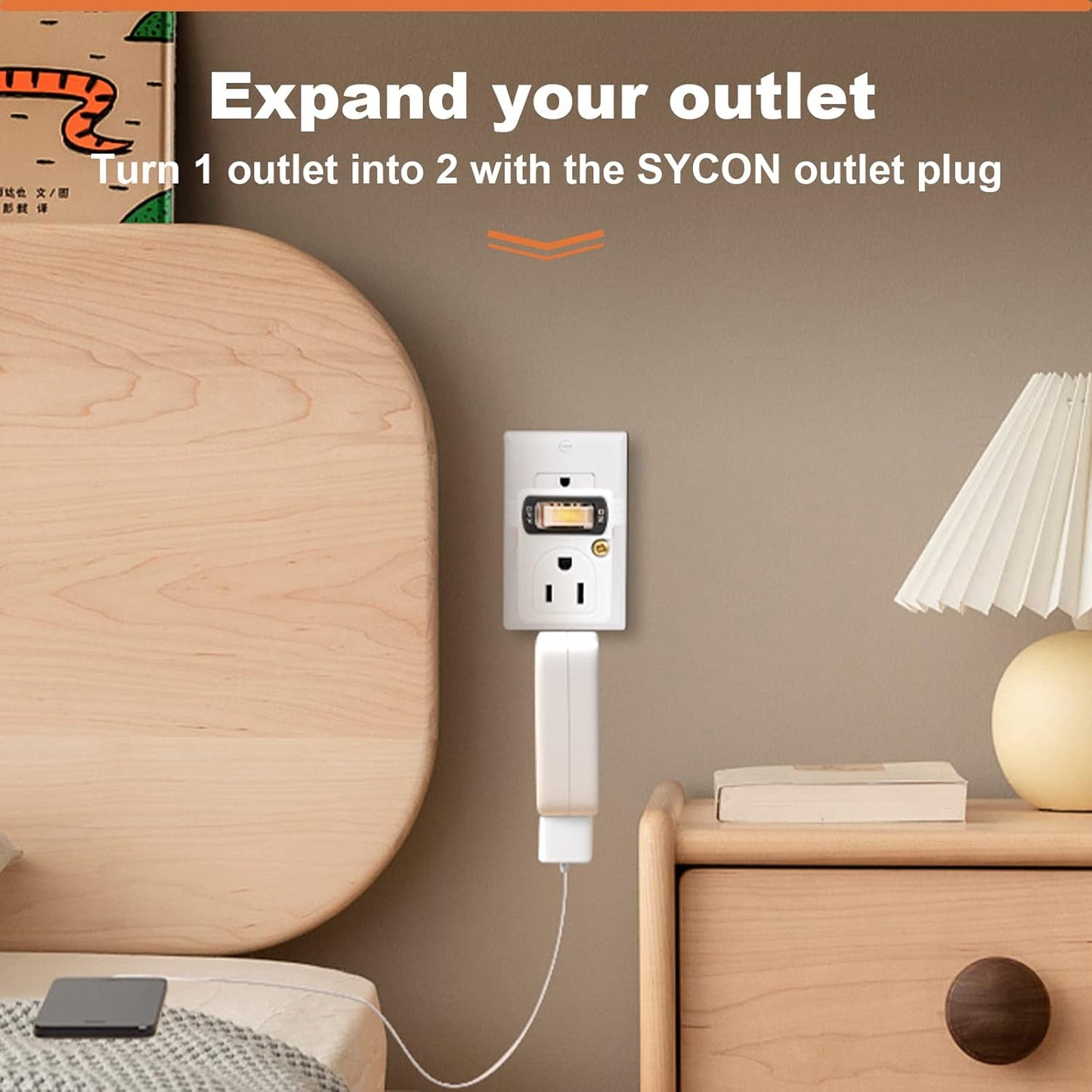 SYCON Adapter Outlet Extender with Night Light, Wall Outlet with Switch on off, Outlet Splitter with 2 Outlets
