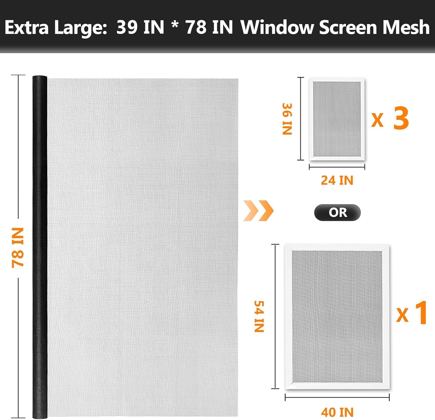 Window Screen Door Repair Kit, 39" x 78" Screen Door Mesh Replacement Kit, Durable Fiberglass Mesh Roll with Tools for Windows Doors Patio and Porch Replacement, Black