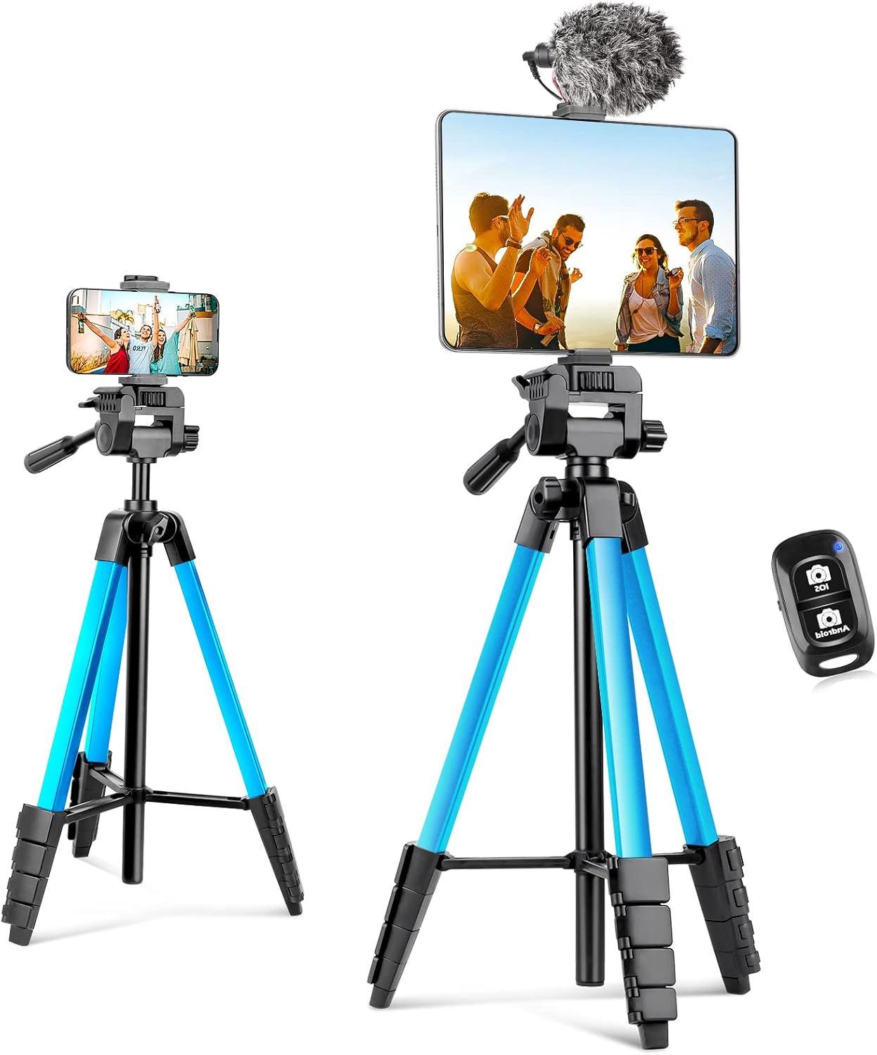Aureday Phone Tripod Stand, 64” Extendable Cell Phone&Camera Tripod with Wireless Remote and Phone Holder, Aluminum iPad Tripod for Video Recording/Selfies/Live Stream/Vlogging (Blue)