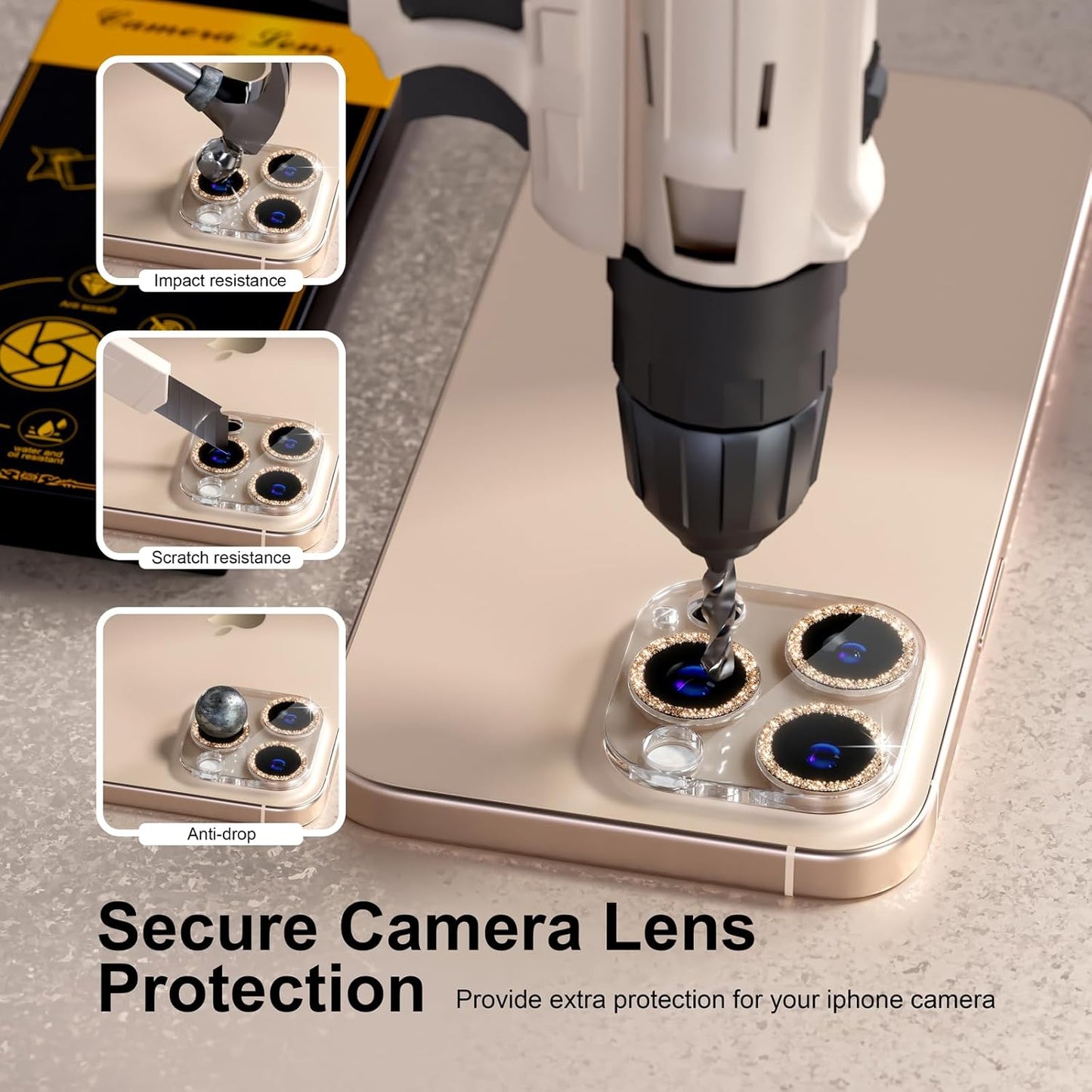 beuxece for 6 Pack iPhone 15 Pro/iPhone 15 Pro Max Camera Lens Protector [Drop Protection] [Case Friendly] [Easy Installation] 9H Tempered Glass Camera Screen Protector Cover, Glitter Gold