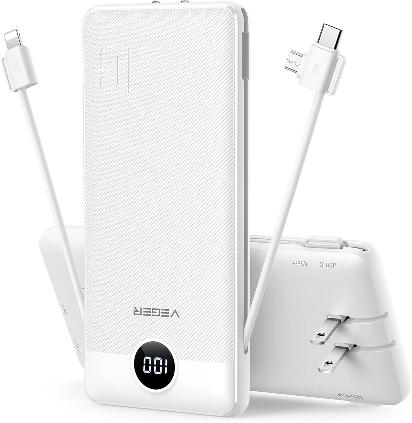 VEGER Portable Charger for iPhone Built in Cables and Wall Plug, 10000mah Slim Fast Charging USB C Power Bank, Travel Essential Battery Pack Compatible with iPhones, iPad, Samsung More Devices(White)