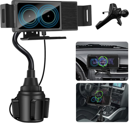 Wireless Car Charger for Z Fold 6/5/4/3, Dual Coil Cup Holder Phone Mount for Tesla, Fast Charging Auto Clamping Auto Rotation 90° Air Vent Mount for iPhone 16/15/14/13/12 Serie