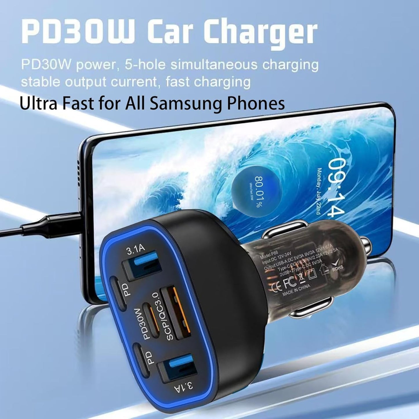 6 in 1 Multi Port USB C Car Charger Adapter PD 30W 6 Ports Super Fast Charging Cigarette Lighter Adapter 2 USB-C for MacBook iPhone 16/15/14/13/12 Galaxy Android Phones