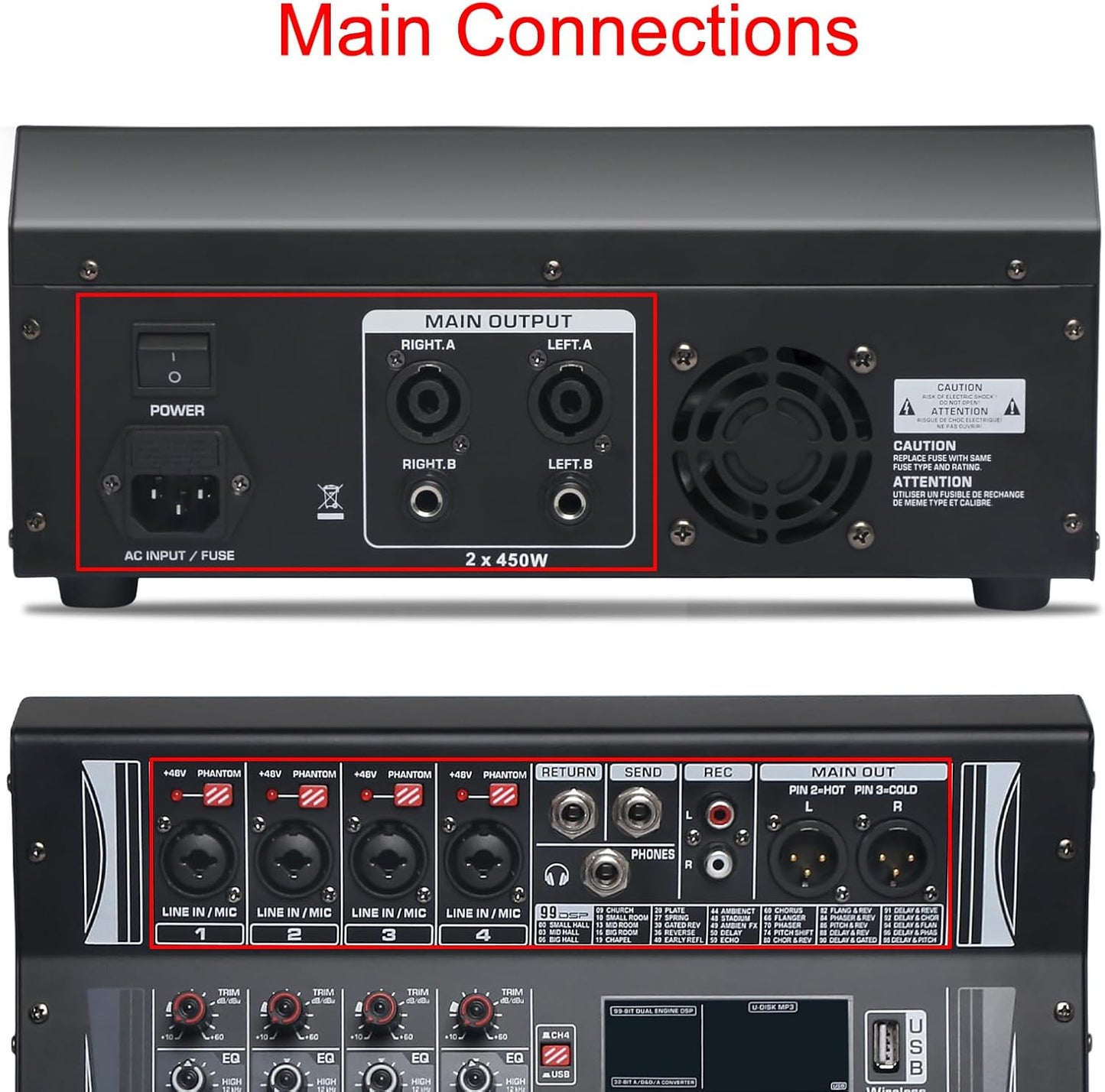 Audio Mixer 4 Channel, DJ Mixer with Power Amplifier, Audio Sound Card with 48V Phantom Power, Usb Audio Interface, Sounds Mixer Board with 99 DSP FX Reverb Delay Effect for Streaming