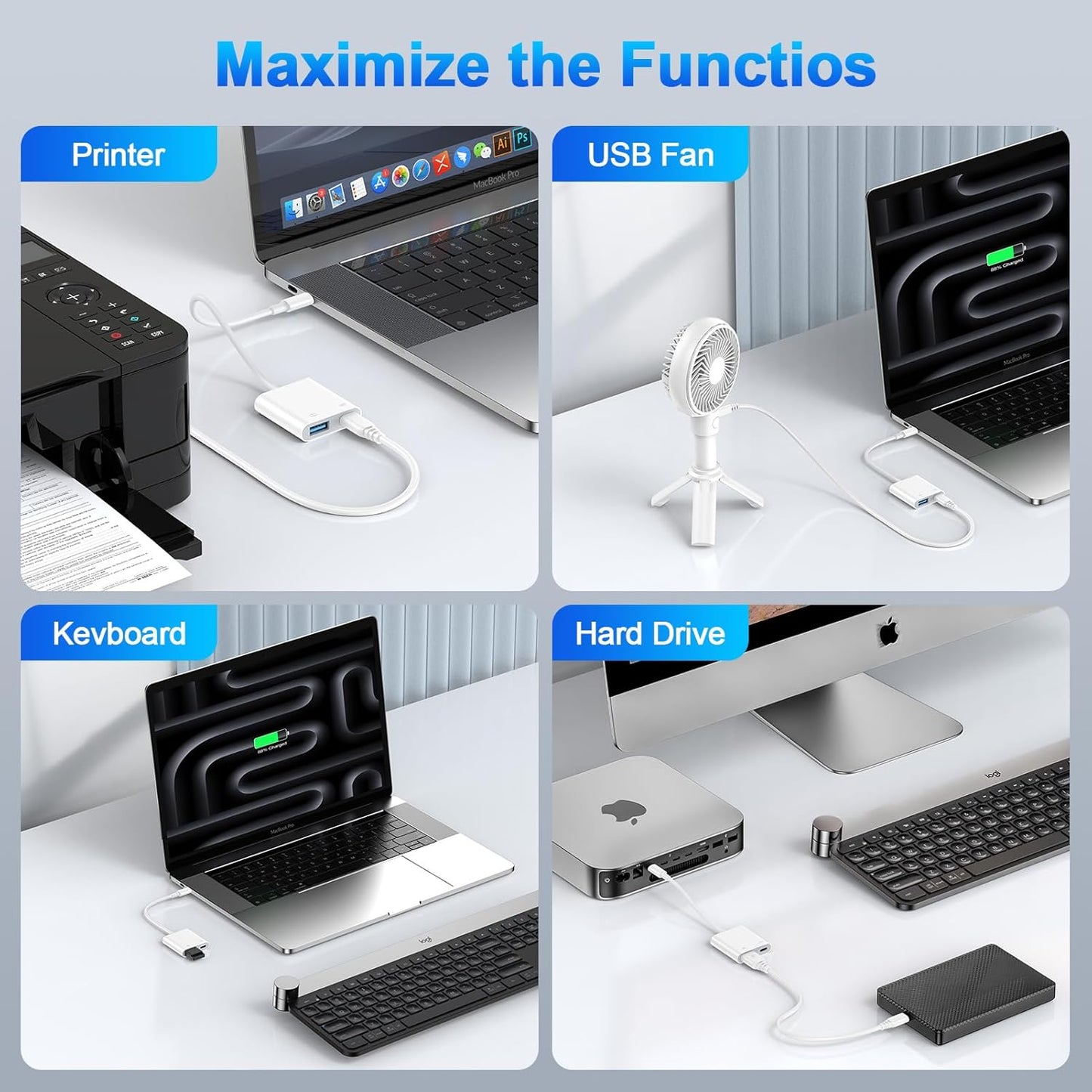 USB C to OTG Cable Charger Adapter for iPhone 16 Pro Max/16e/15/15 Pro Max 2-in-1 Type C to USB Camera Adapter with PD 60W Fast Charging for Samsung Galaxy S25 Edge/S24/S23/S22/S21/A16 5G/A26/A36/A56