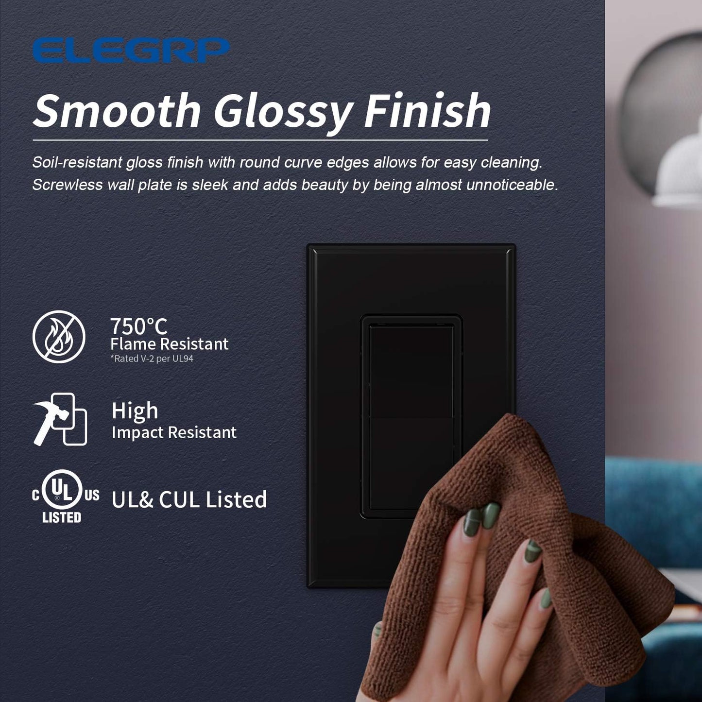 ELEGRP 1-Gang Screwless Decorative Wall Plates, Standard Size Unbreakable Thermoplastic Faceplate Cover for Decorator Receptacle Outlet Switch, UL Listed (5 Pack, Glossy Black)