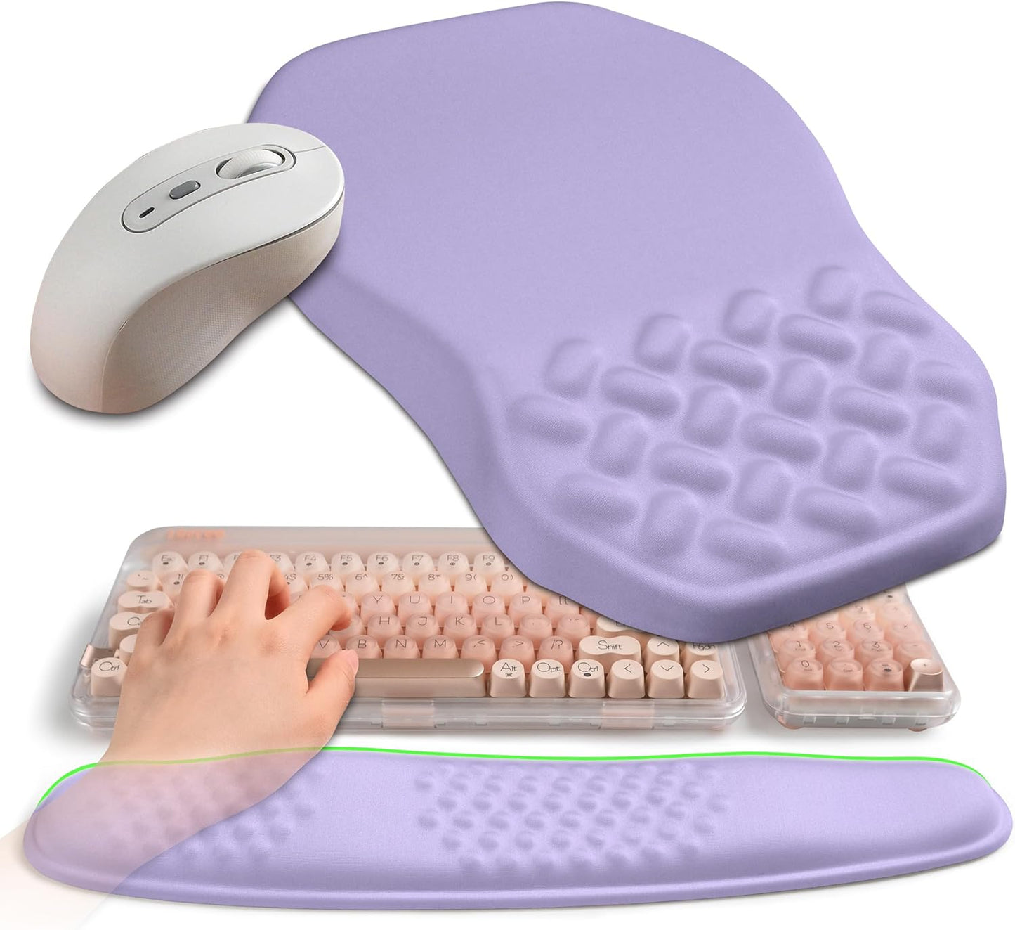 2-in-1 Ergonomic Set, Wave Keyboard Wrist Rest and Massage Slope Mouse Pad Wrist Support, Rebound Memory Foam for Relieve Carpal Tunnel Syndrome and Wrist Pain (Lavender Purple)
