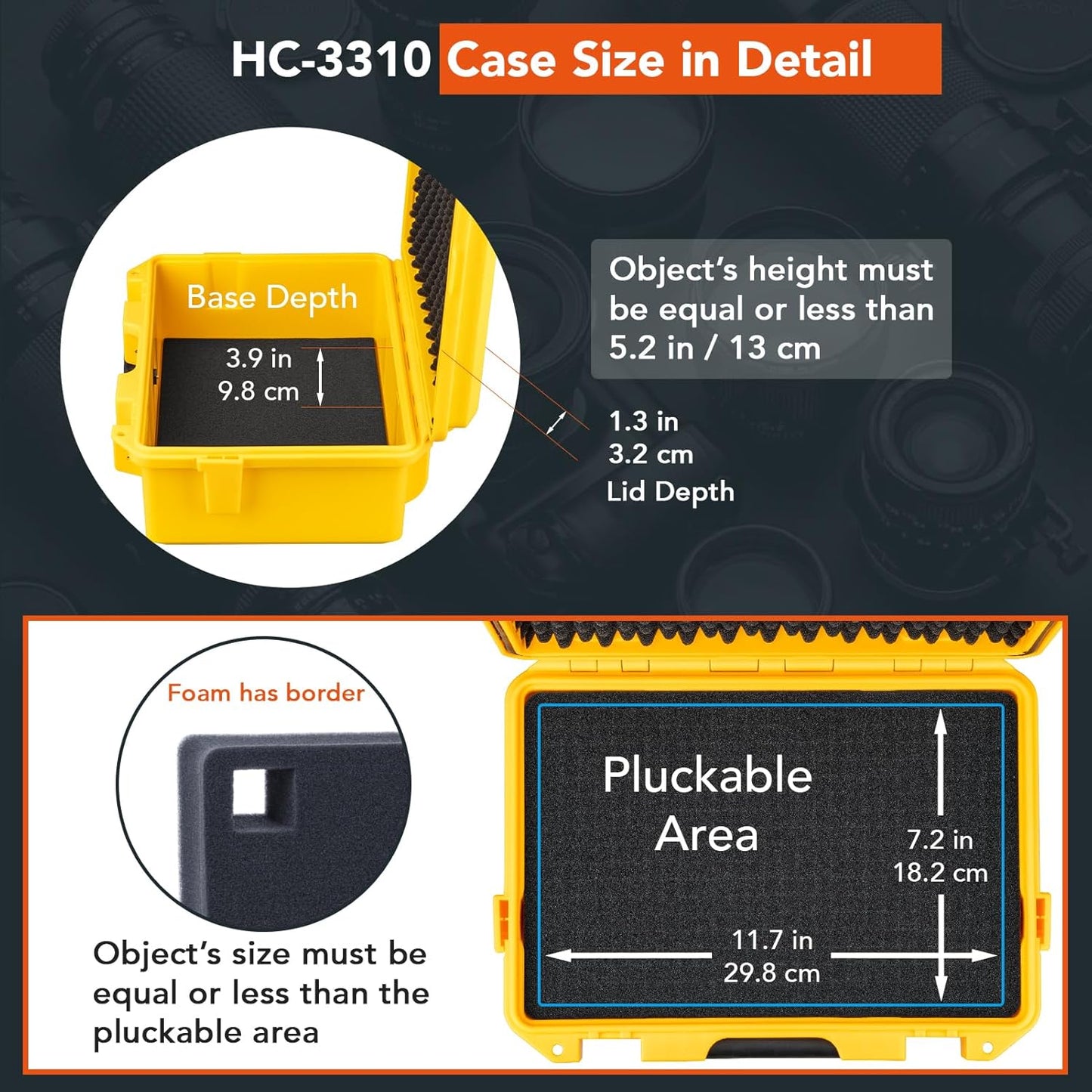 Lykus HC-3310 Waterproof Hard Case with Customizable Foam Insert, Interior Size 12.99x8.27x5.31 in, Suitable for pistol,camera,lens,drone,mic,flashlight,telescope,action cam,electronics,tools,and more