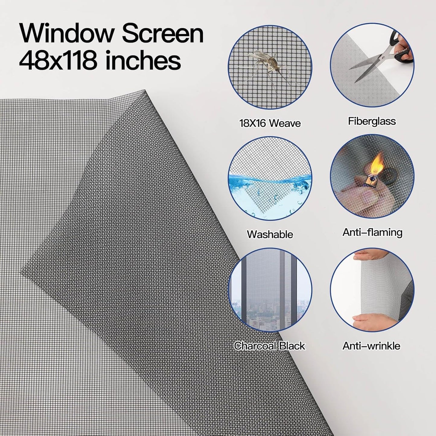 Window Screen Door Repair Kit Include Window Screens Mesh 48"x117" with All Tools in Window Screen Replacement(Screen Rollers, Splines, Hook), Yolovit