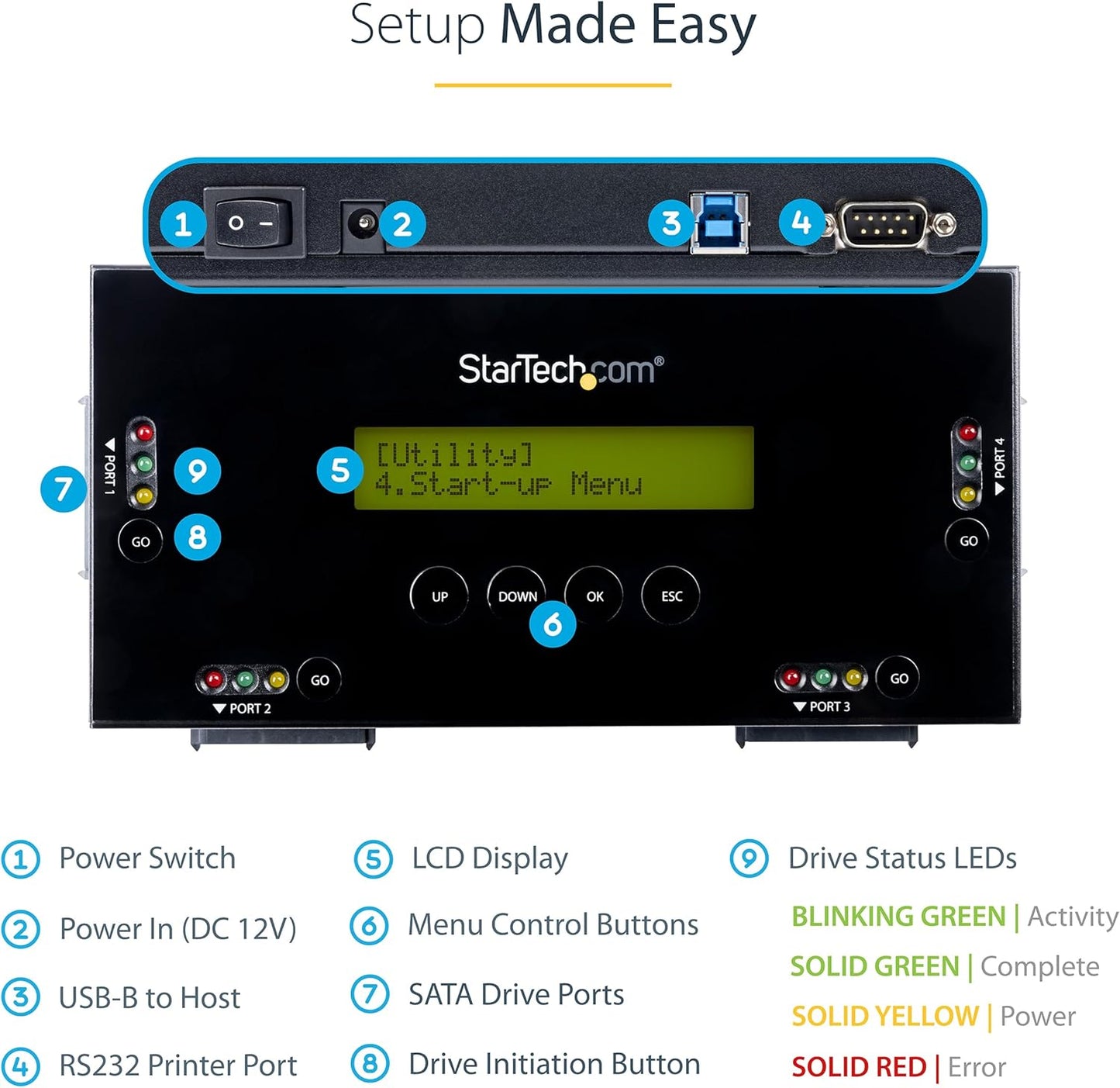 StarTech.com 4 Bay SSD/HDD Hard Drive Eraser, 2.5/3.5" SATA, Hostless Standalone Secure Erase, Disk Sanitizer, Hardware Wiper Erasing Tool, 9 Modes, RS232 Printer Port, NIST/DOD, LCD, TAA (SATERASER4)