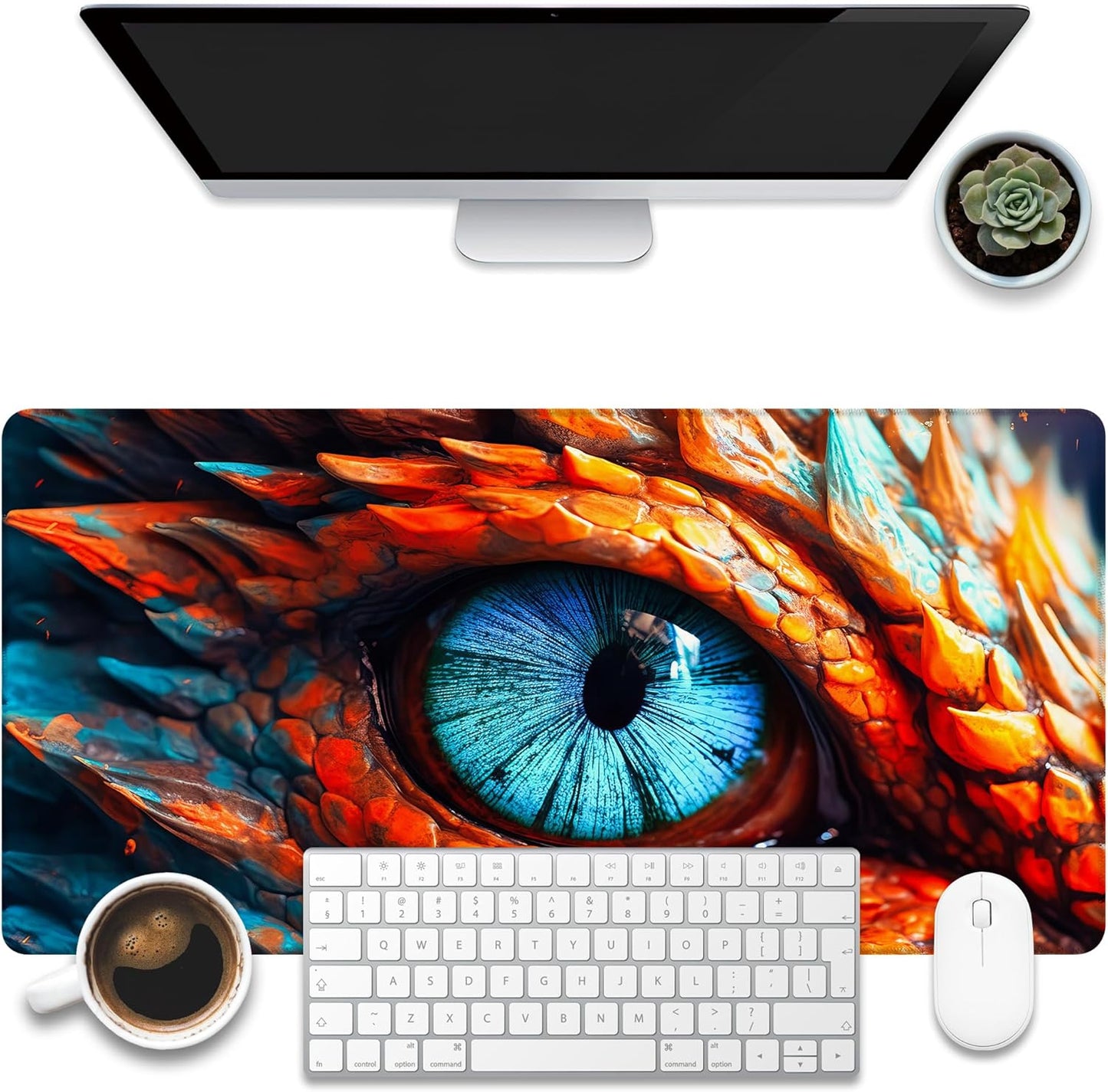 Large Gaming Mouse Pad for Desk, Dragon Blue Eyes Desk Mat, Dragon Eyes Desk Pad, 31.5"x15.7" Extended Big Computer Keyboard Mouse Pad with Non-Slip Base and Stitched Edge