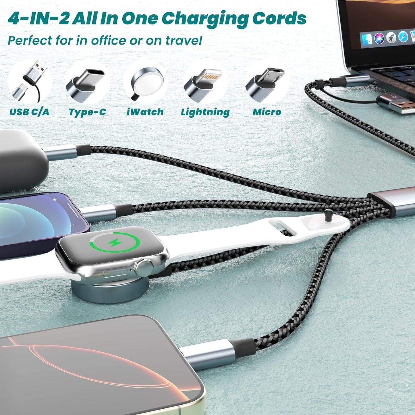 Travel Essentials 4 in 2 Multi Charging Cable for iWatch Charger(2Pack 5FT),USB A/USB C Multiple Charger Cable/Cord for All Devices Compatible for iWatch Ultra/SE/10-1,iPhone 16-11, Android,More