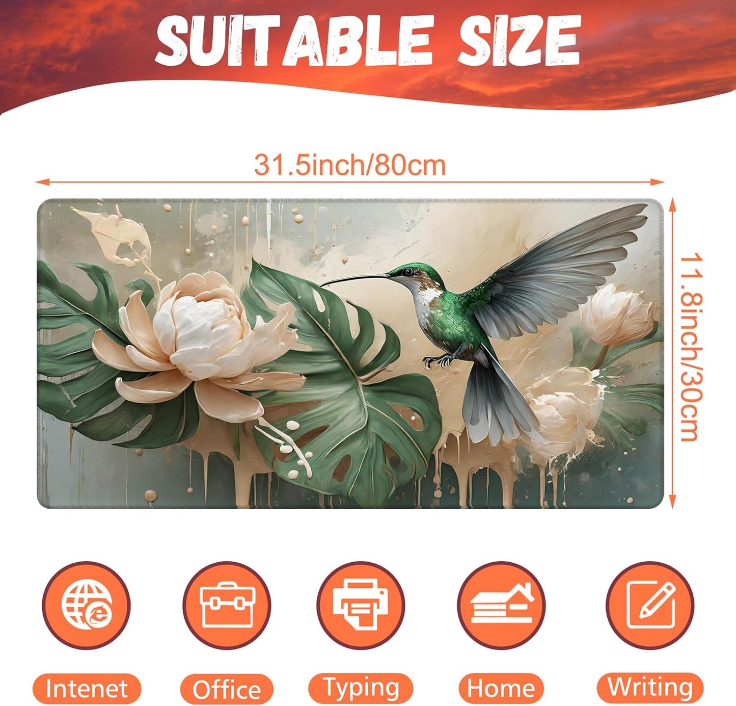 Desk Pad, Elegant Hummingbird Desk Mat, Oil Painting Flowers and Leaves Large Gaming Mouse Pad, 31.5"x15.7" Extended Big Computer Mouse Pad with Non-Slip Base and Stitched Edge