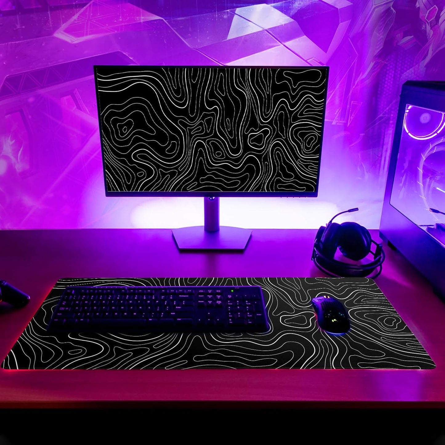 Topographic Contour Black Gaming Mouse Pad XL Geographic Map Lines Extended Big Large Desk Mat Non-Slip Rubber Base Stitched Edge Long Keyboard Mousepad for PC Computer Laptop,31.5x11.8 Inch