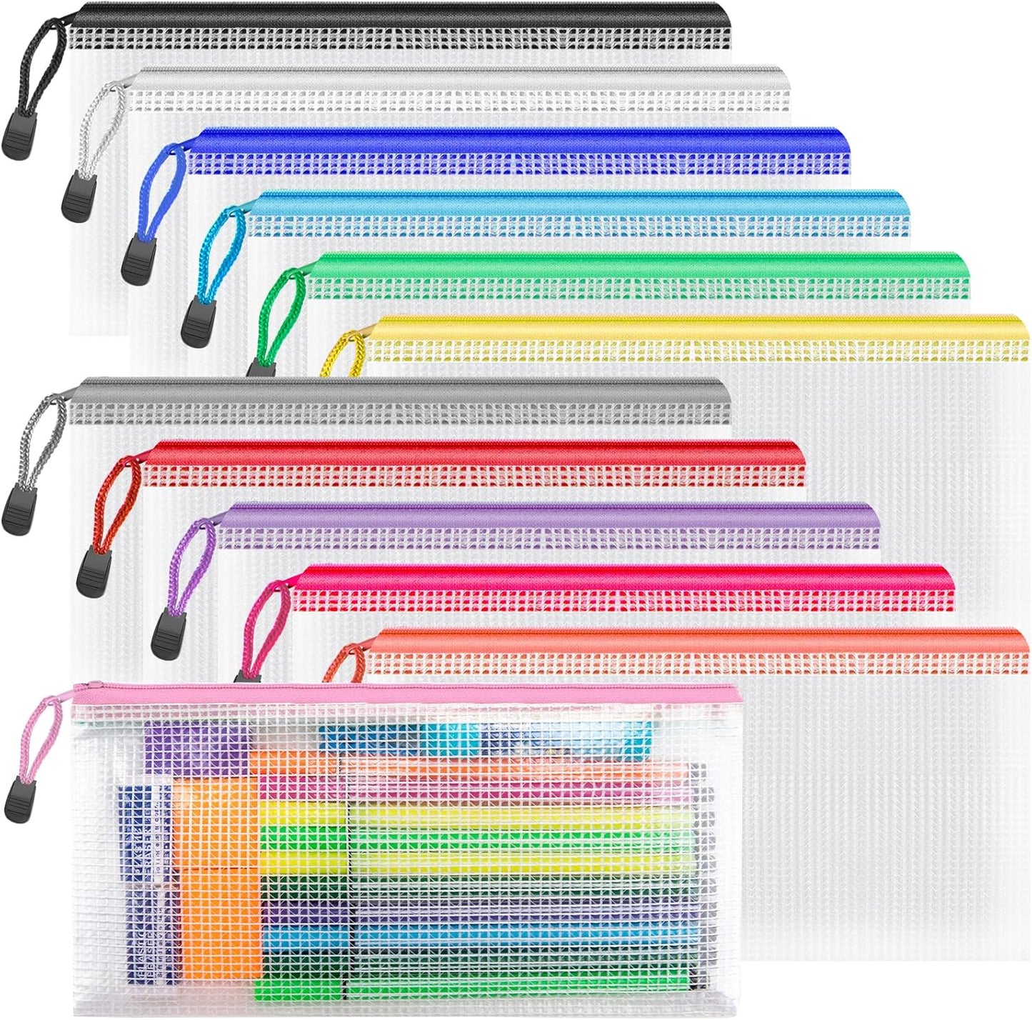 Umriox Zipper Pencil Pouches, 9.2 x 4.7 in (12 Colors, 12 Pack), Pencil Pouches Bulk, Clear Pencil Pouch for Office Supplies Cosmetics Travel Accessories