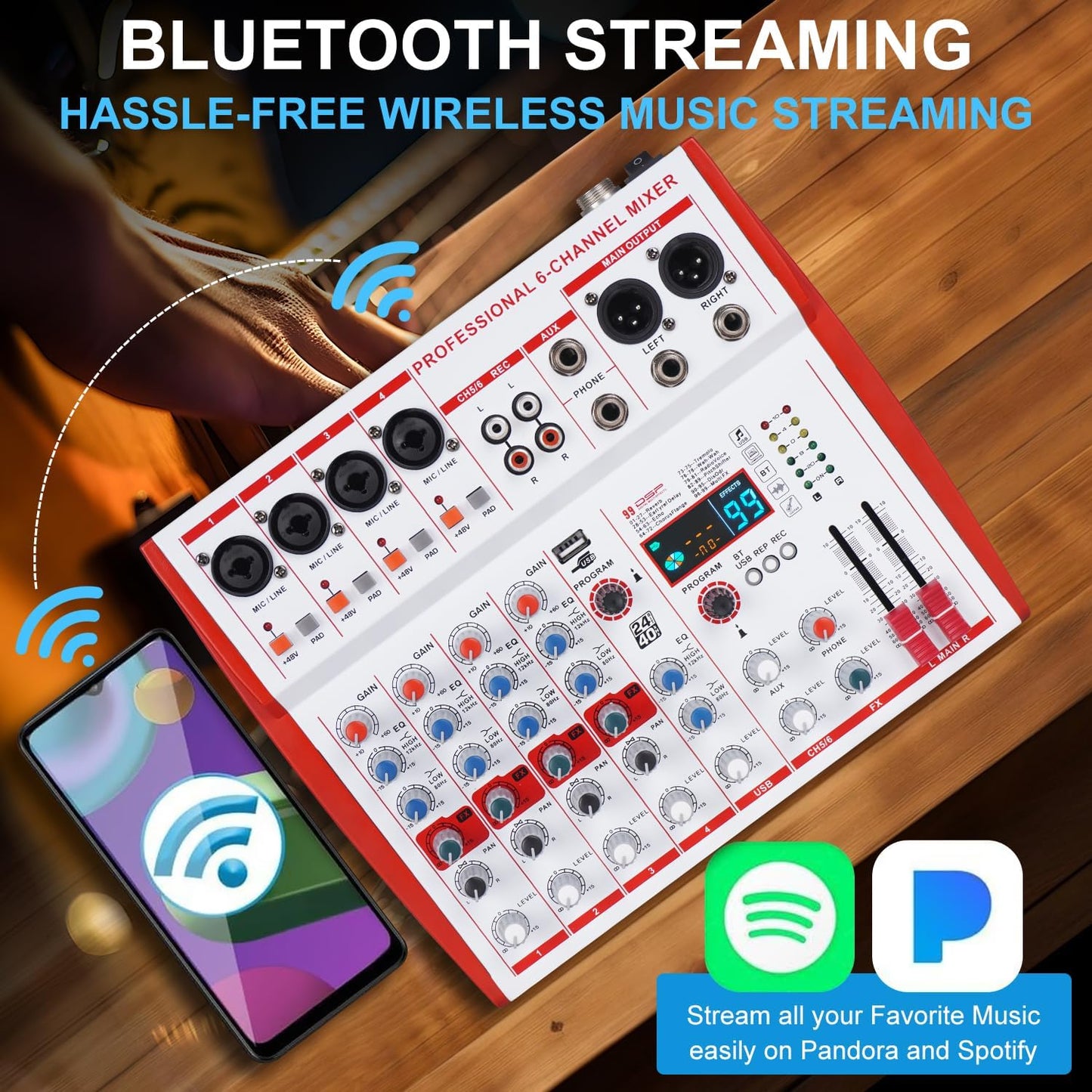 MW-6 6 Channel Professional DJ Audio Mixer, Portable Controller Mixer with DSP 99 Preset Effects for Live Streaming, Podcasting, Family Party (mw-6 white)