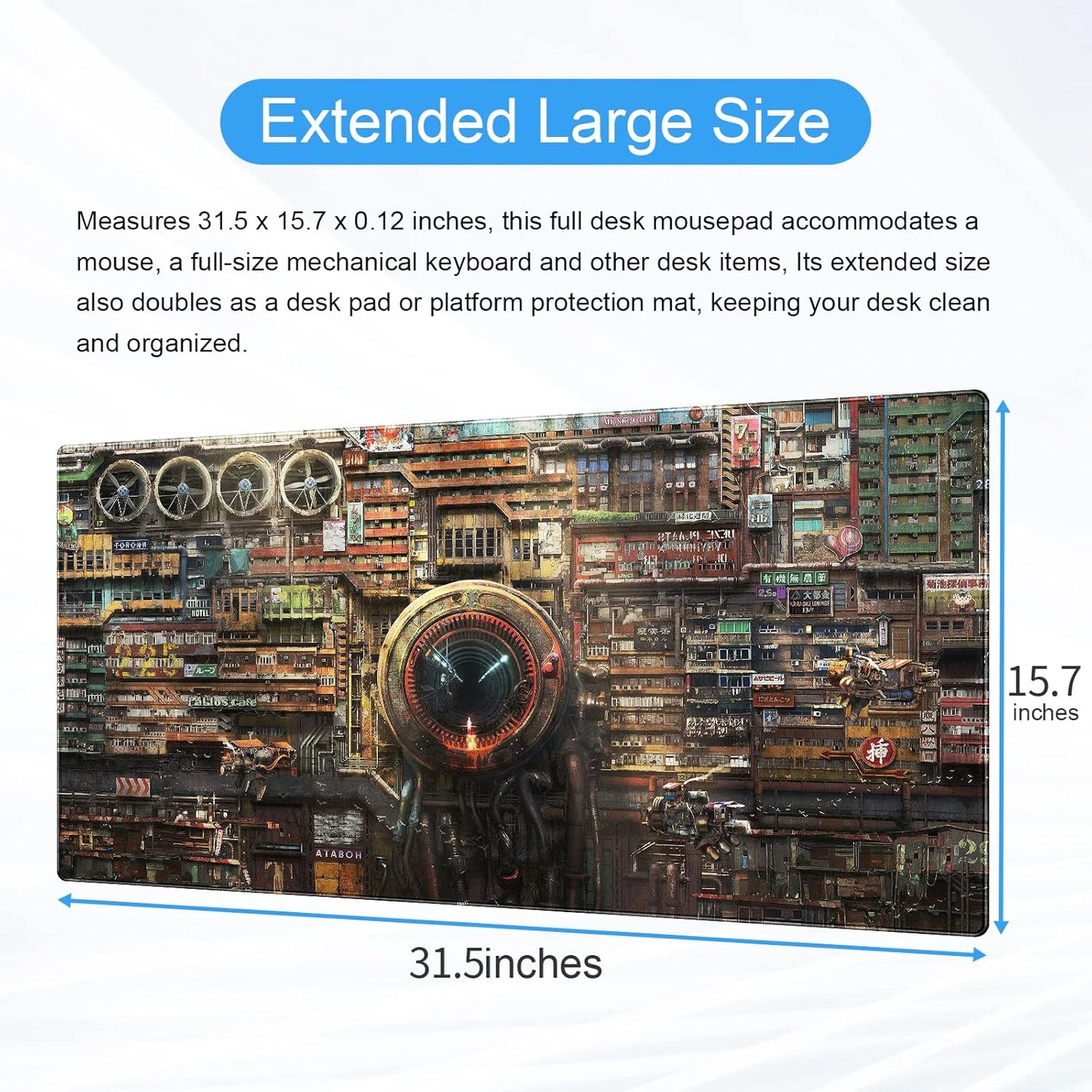 Futuristic Fantasy Mouse Pad, Cyberpunk Style Desk Mat, Extended XL Gaming Mouse Pads, Sci-Fi Computer Pad with Durable Stitched Edges, Non-Slip Washable Office Desktop Decorative Pad 31.5X15.7 Inch