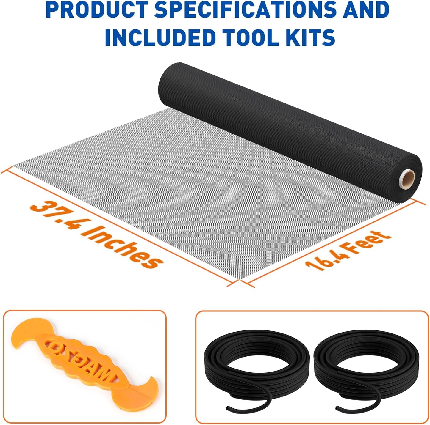 MAGZO Window Screen Replacement Mesh Roll, 37.4in × 16.4ft Invisible Upgraded 107g/m² Heavy Duty Fiberglass Screen Mesh for Sliding Doors Repair Kit, Well Ventilated Ideal for, Patio & DIY Projects