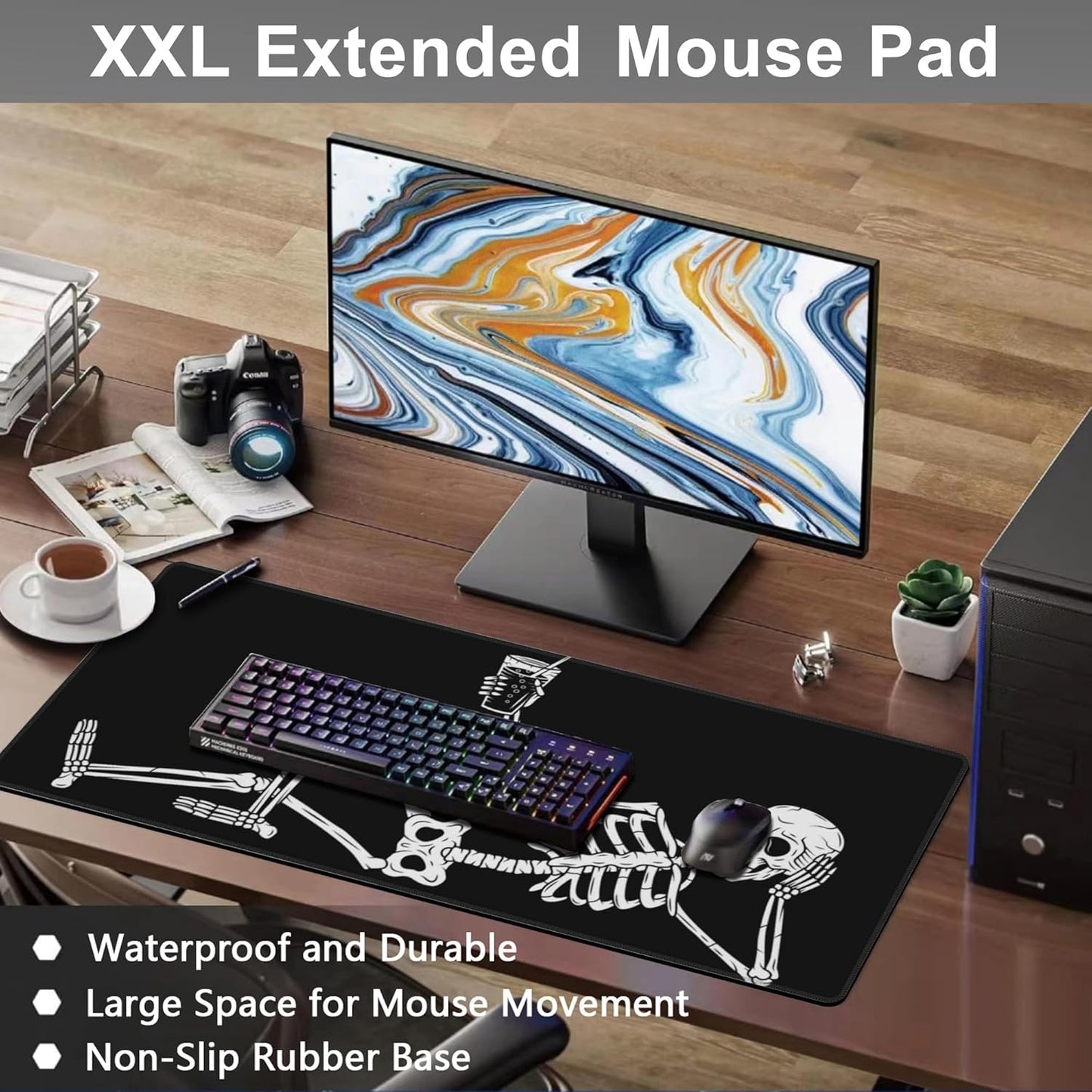 Mouse Pad, Large Skeleton with Cocktail Desk Mat, Extended Non-Slip Gaming Keyboard Mousepad Desk Pad, Thick Stitched Edges Waterproof Mouse Mat 31.5"x15.7" (Human Skeleton)