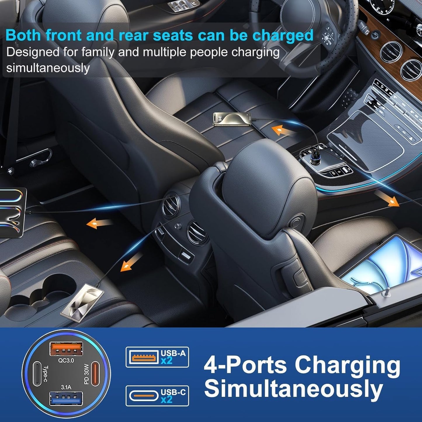 65W USB C Car Charger, 5 Pack 4-Port PD Super Fast Charging Type C Car Charger for Multiple Devices, Cigarette Lighter Adapter, USBC Phone Adapter for iPhone 16/16e/15 Pro Max,Samsung S25,iPad,Pixel