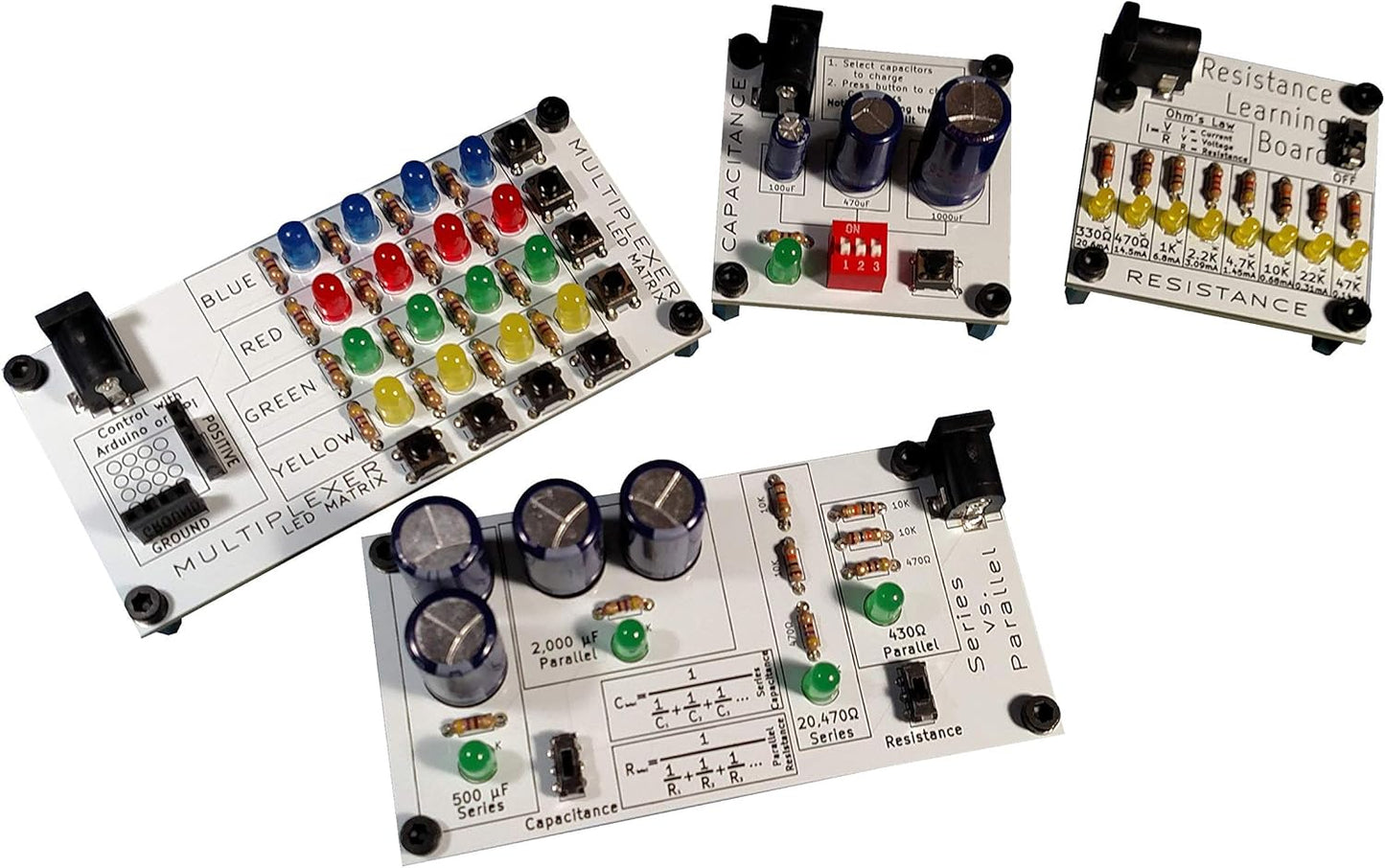 Full Set of 4 Electronics Learning Boards | Practice Soldering & Learn Electronics | Multiplexer, Resistance, Capacitance, and Series vs. Parallel
