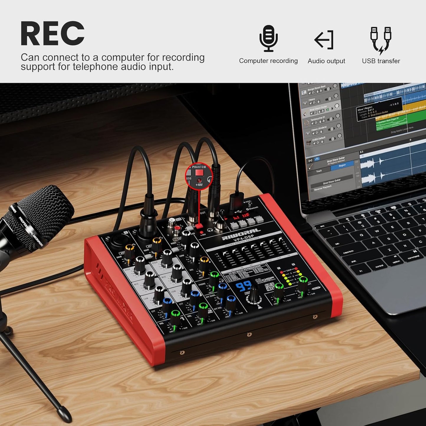 4 Channel Audio Interface DJ Mixer With 99 DSP Effects XLR 1/4 inch Jack For MIC/Musical Instrument USB PC Phone Bluetooth Music Audio Mixer for karaoke Stage Streaming Studio