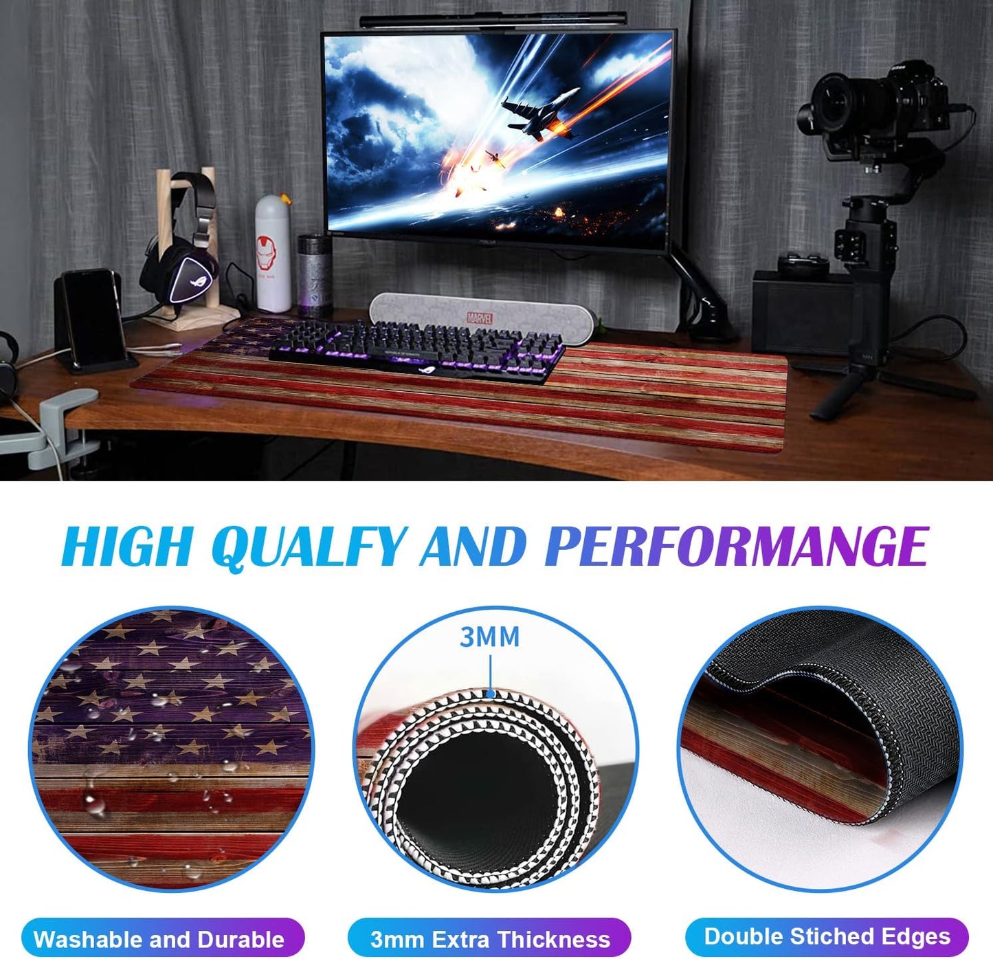 Patriot Wood Grain American Flag Extended Large Gaming Computer Mouse Pad, Suitable for Home Office and Study Keyboard Mouse Pad 35.4 x 15.7 x 0.12 Inches