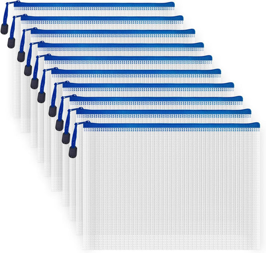 AUSTARK 10 Pcs Zipper File Bags, Waterproof Plastic Mesh Pouch for Office School, Board Game Storage Bags (B5 Size 11.4''x8.2'', White and Blue)