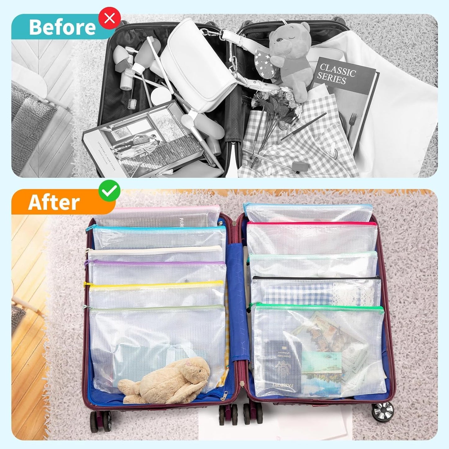 Umriox 48pcs Mesh Zipper Pouch Bags, A4 Size 16 Color Zipper Bags for Organizing, Clear Zipper Pouches for Puzzles, Board Game Organizer, Sewing Projects