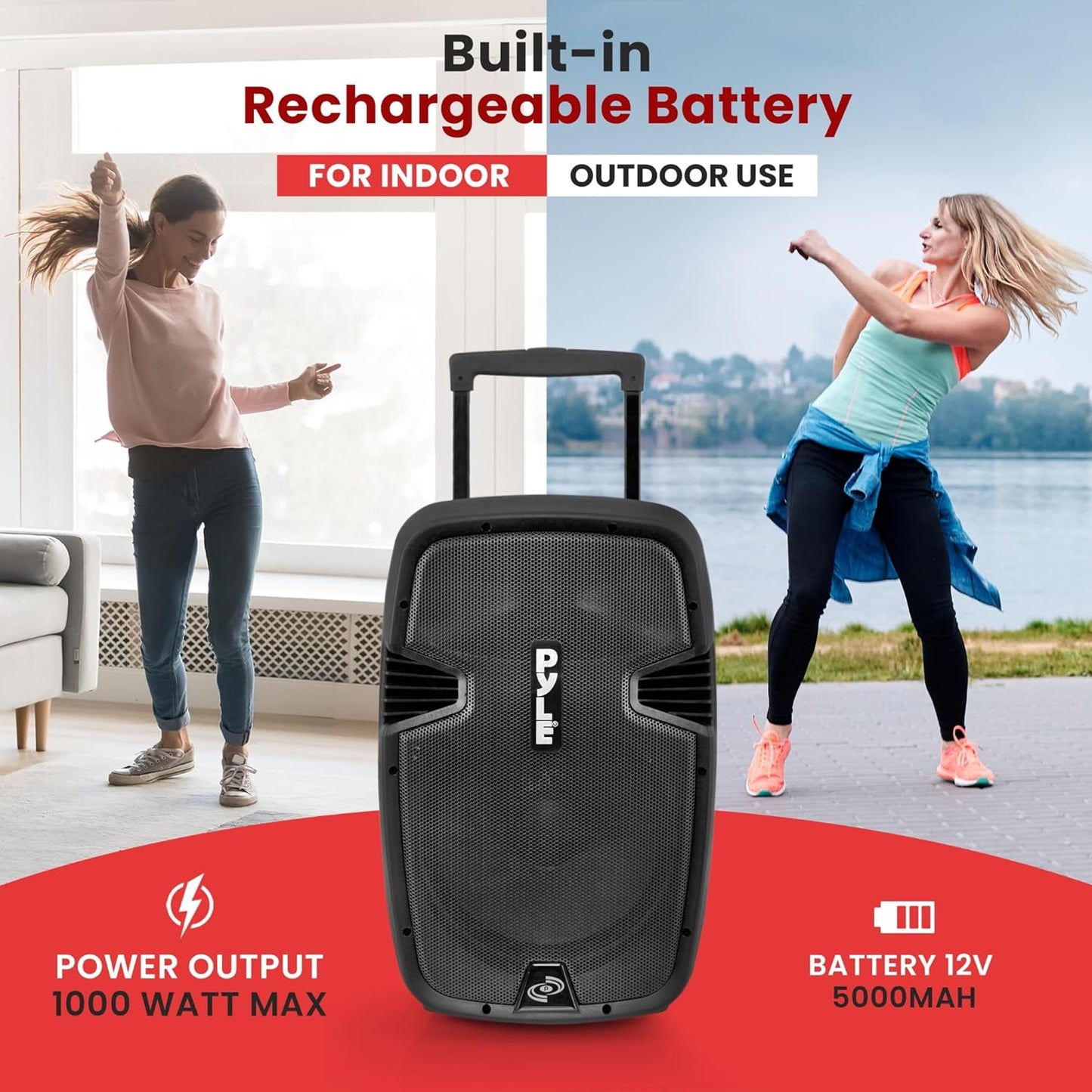 Pyle Wireless Portable PA Speaker, 1000W Bluetooth Loudspeaker, 12” Subwoofer, Dual High-Powered PA System, 2-Way Full Range Audio, Includes Wireless Mic, USB/SD Input, for Outdoor and Event Use