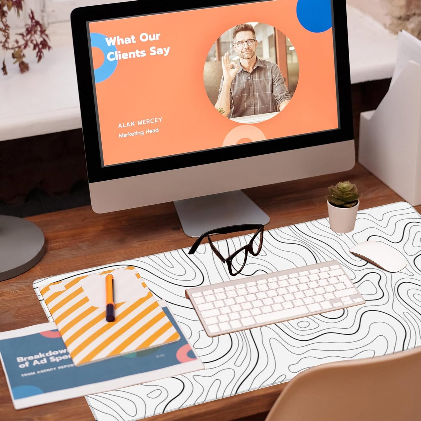 Desk Mat,White Topographic Contour Map Desk Pad,Topographic Contour Large Gaming Mouse Pad for Desk,Extended Big Computer Keyboard Mouse Pad with Non-Slip Base and Stitched Edge,35.4"x15.7"