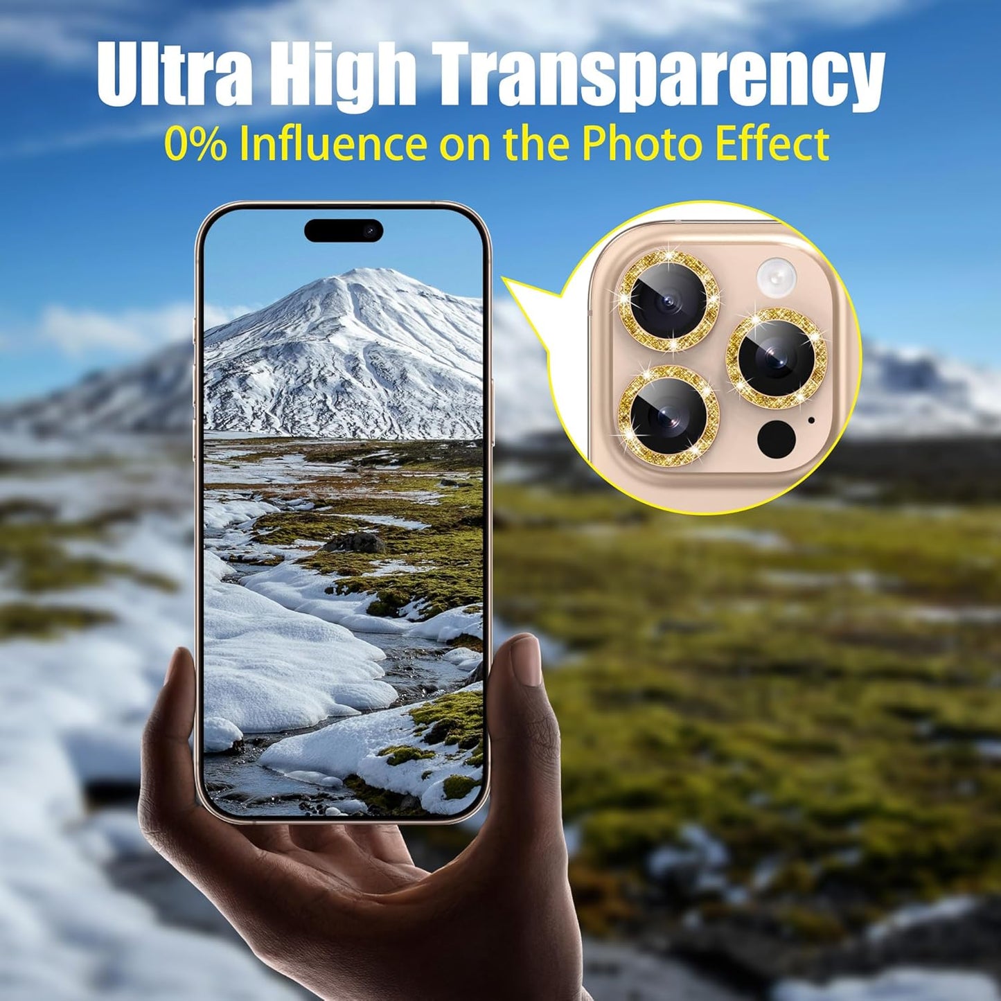 AGVEE 3+3 6 Pack for iPhone 16 Pro 6.3" / 16 Pro Max 6.9" Camera Lens Cover Protector, Bling Glitter & CD-Textured Metal Ring 9H Tempered HD Glass Camera Cover Protector Film, Glitter-Desert