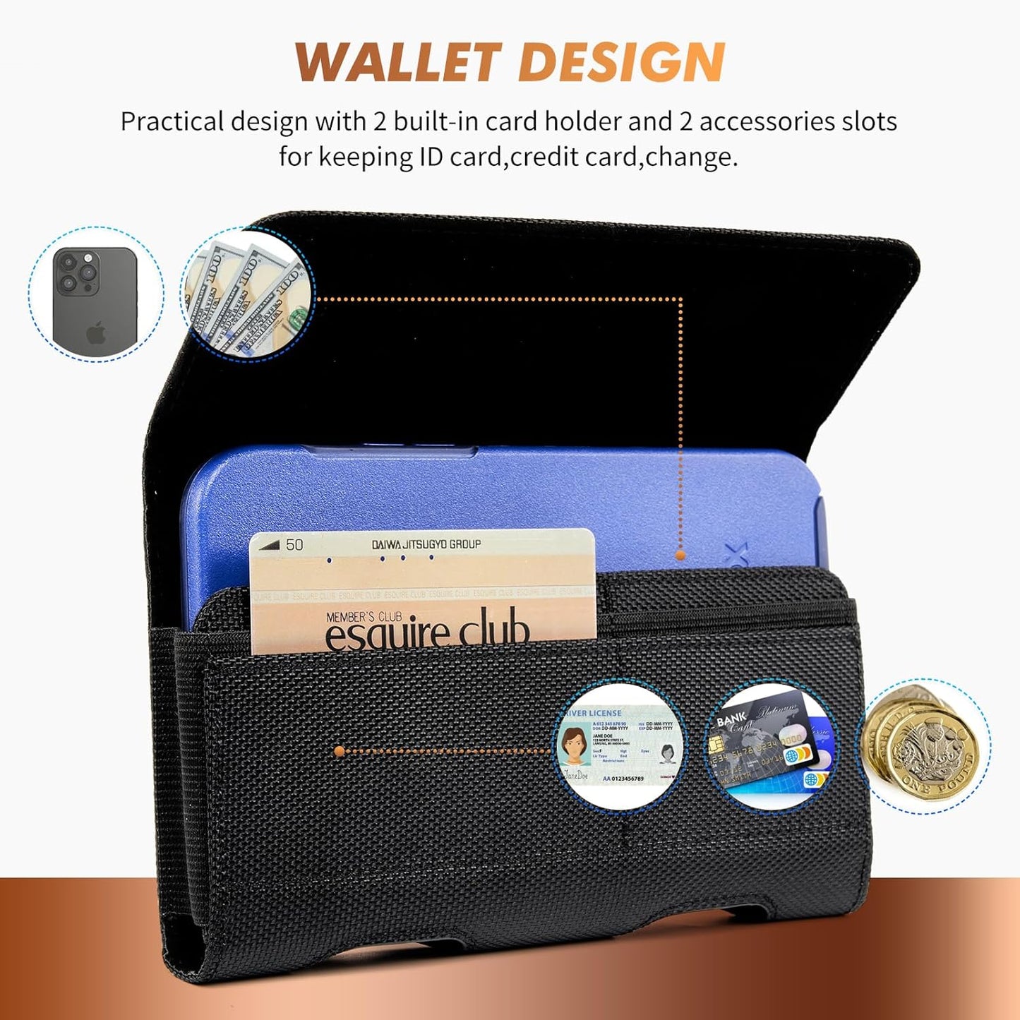 BECPLT Nylon Belt Holster Case for iPhone 12-16 Pro & Galaxy S20-S24 - Cell Phone Pouch with Clip - Black