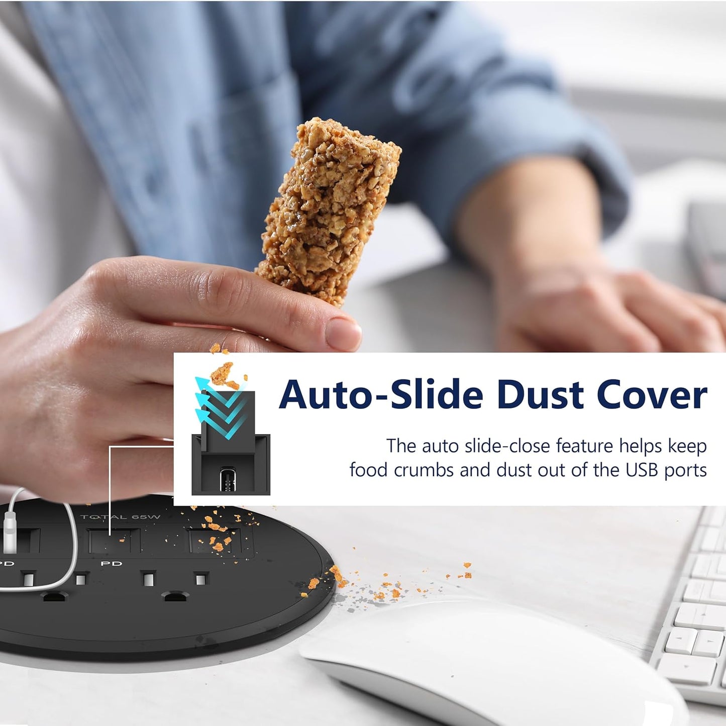 LIDER PD 65W GaN Technology Desktop Power Grommet, Power Delivery, USB-A and 2 USB-C Ports, Tamper-Resistant Receptacles, Self-Close Cover, Desk Charging Station, Black, 6.5ft Cord, ETL Listed