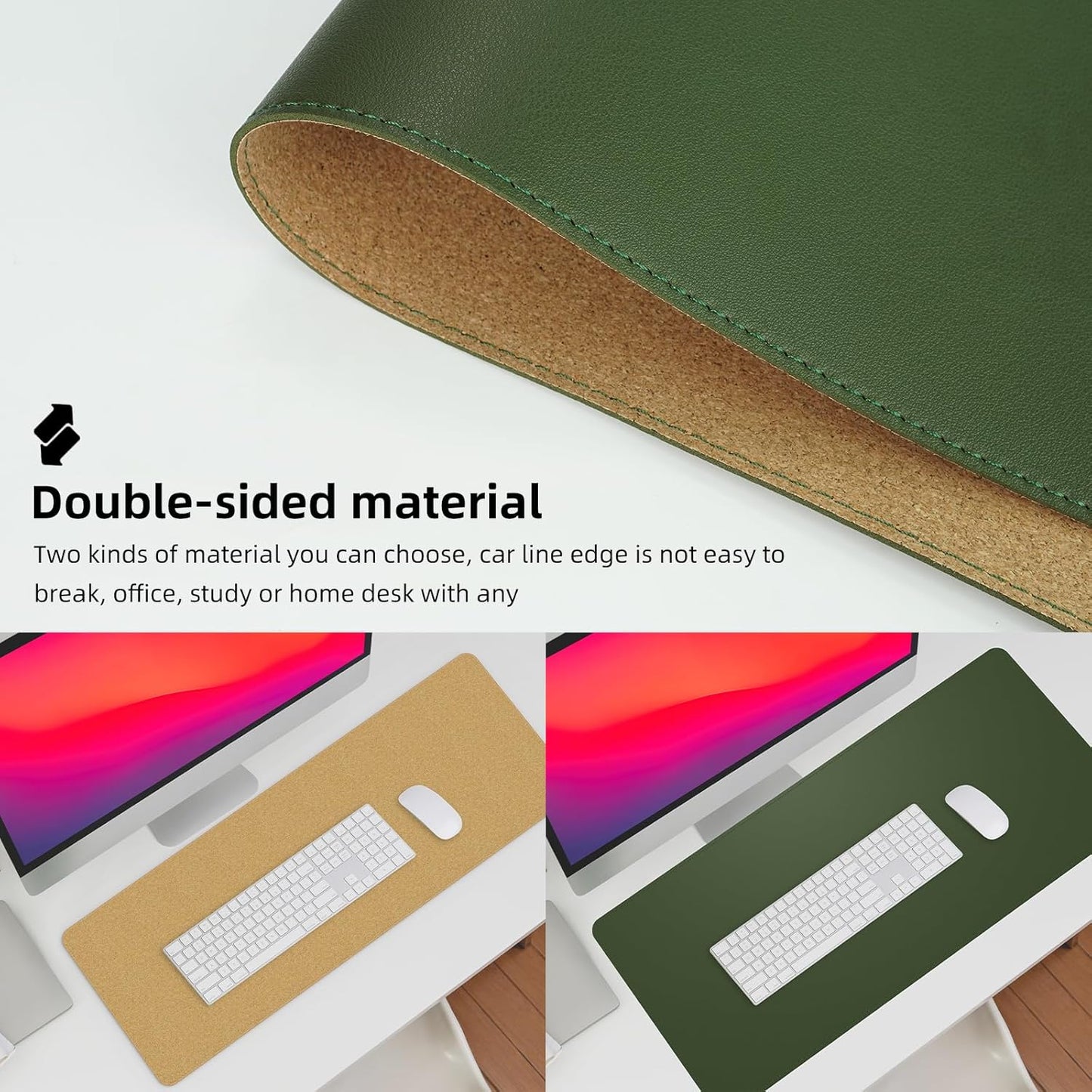 Leather Desk pad Protector, Large Desk mat with Natural Cork & PU Leather,Mouse pad,Non-Slip Office Desk Mat,Waterproof Desk Writing Pad for Office and Home (47in*17in,Military Green)