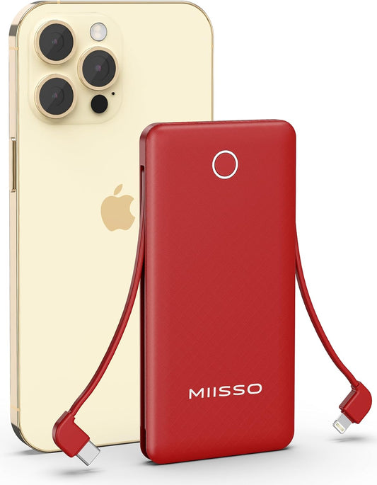 miisso 10000mah Slim Portable Charger with Built in Cable, Power Bank Travel Phone Charger External Battery Pack for Phones, 4 Output USB C Cords Clutch Charger Compatible with iPhone, Samsung, Red