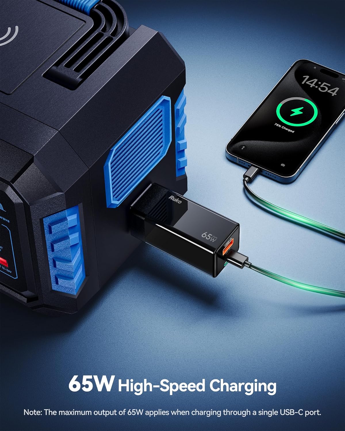 Ruko 65W USB C Charger, 3 Port Compact Foldable GaN Fast Charging Block Wall Charger for MacBook, Galaxy, Dell, Note, iPhone, iPad, Pixel and More (4ft USB-C Cable Included)