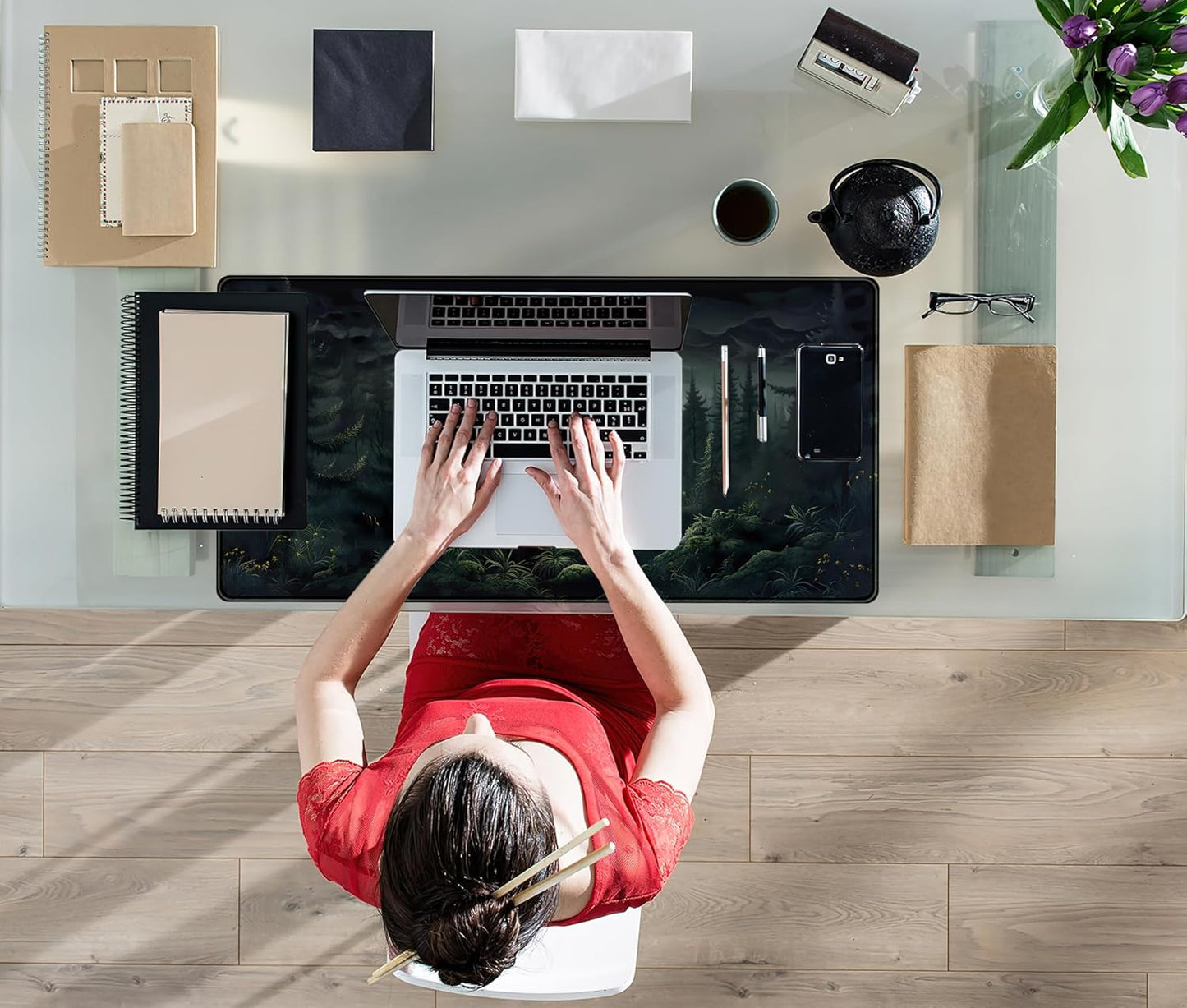 Cute Dark Gloomy Forest Desk Mat, Gothic XXL Large Extended Gaming Mouse Pad Mat, Non-Slip Rubber Base Mousepad Computer Keyboard and Mouse Mat, Desk Pad with Stitched Edges, 31.5x15.75 in